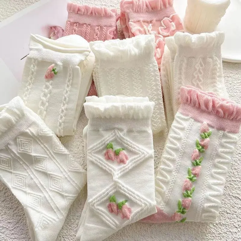 5 Pairs Pink Flower Socks for Women