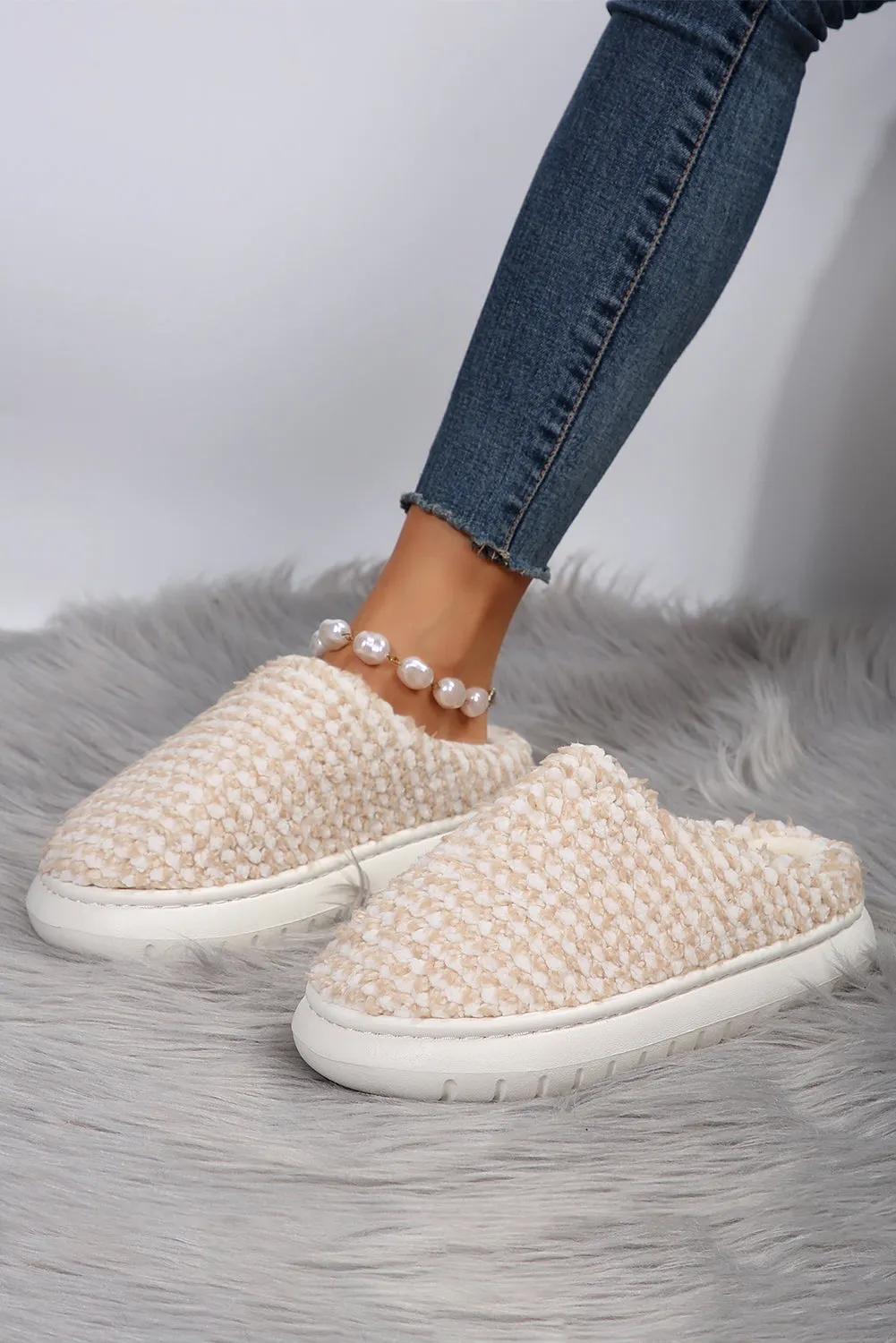 Apricot khaki Two-tone Knitted Warm Homewear Slippers