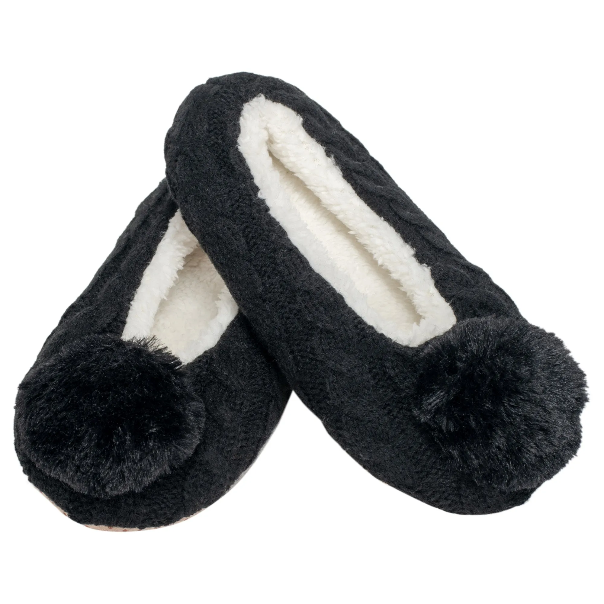 Ballerina Knit Pom Womens Plush Lined Cozy Non Slip Indoor Soft Slipper - Black, Small