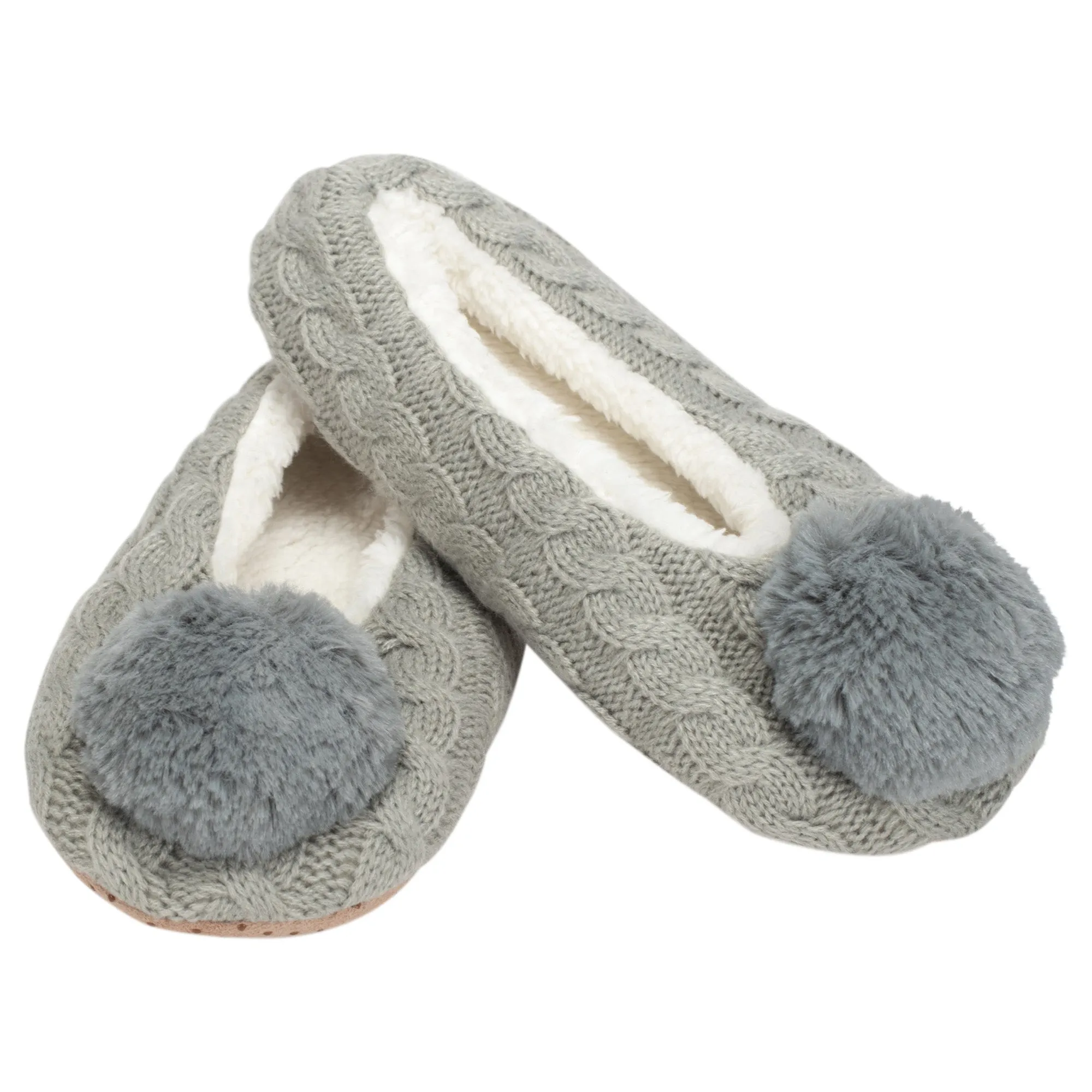 Ballerina Knit Pom Womens Plush Lined Cozy Non Slip Indoor Soft Slipper - Grey, Medium