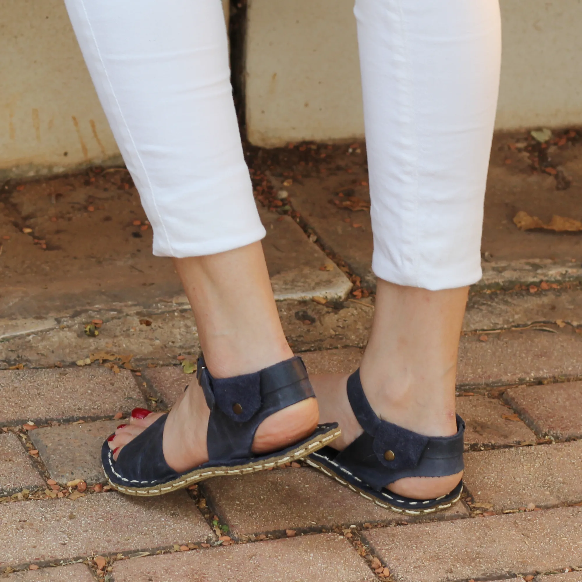 BAND Women's Navy Blue Leather Barefoot Huarache Sandals