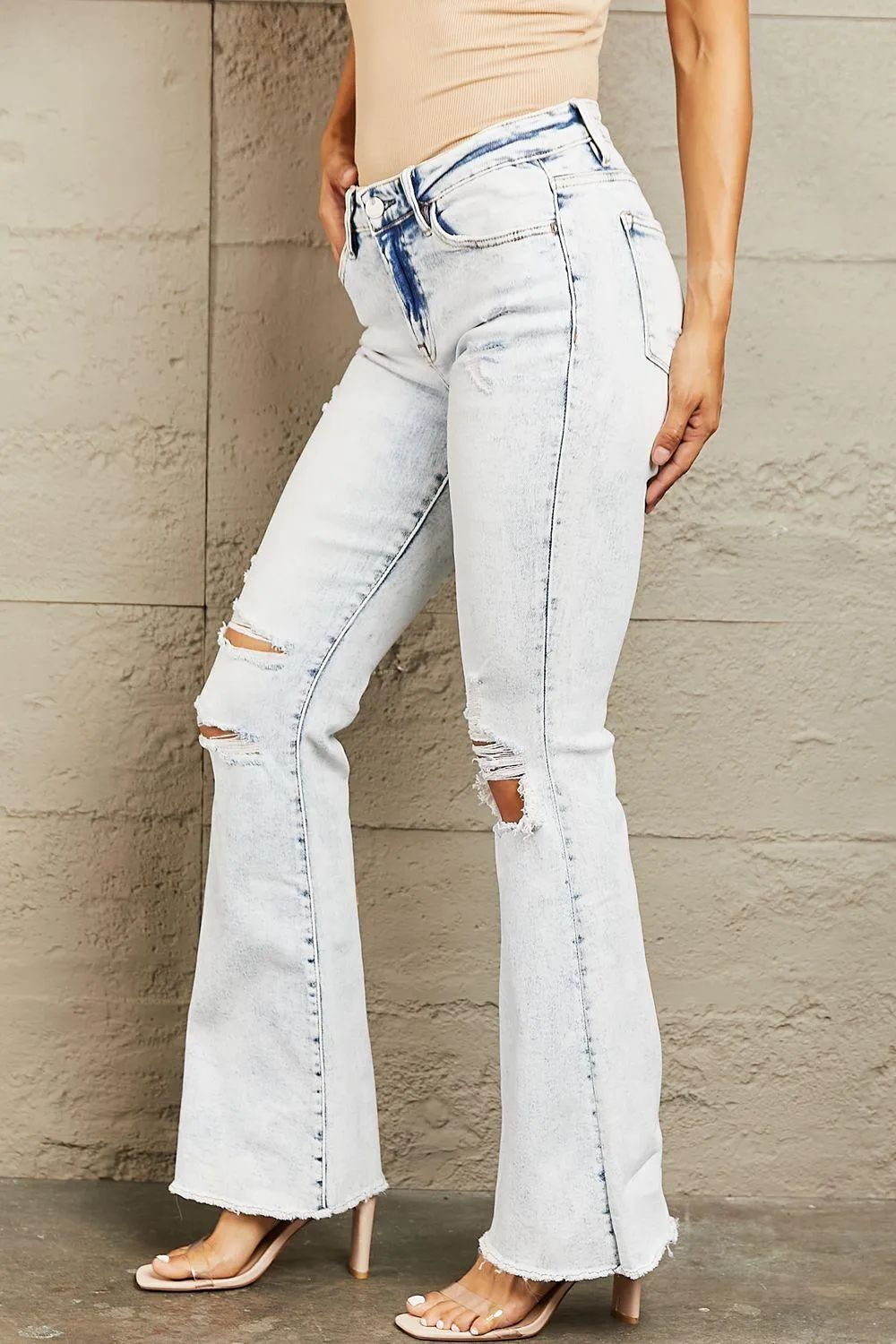 BAYEAS Mid Rise Flared Acid Wash Distressed Jeans