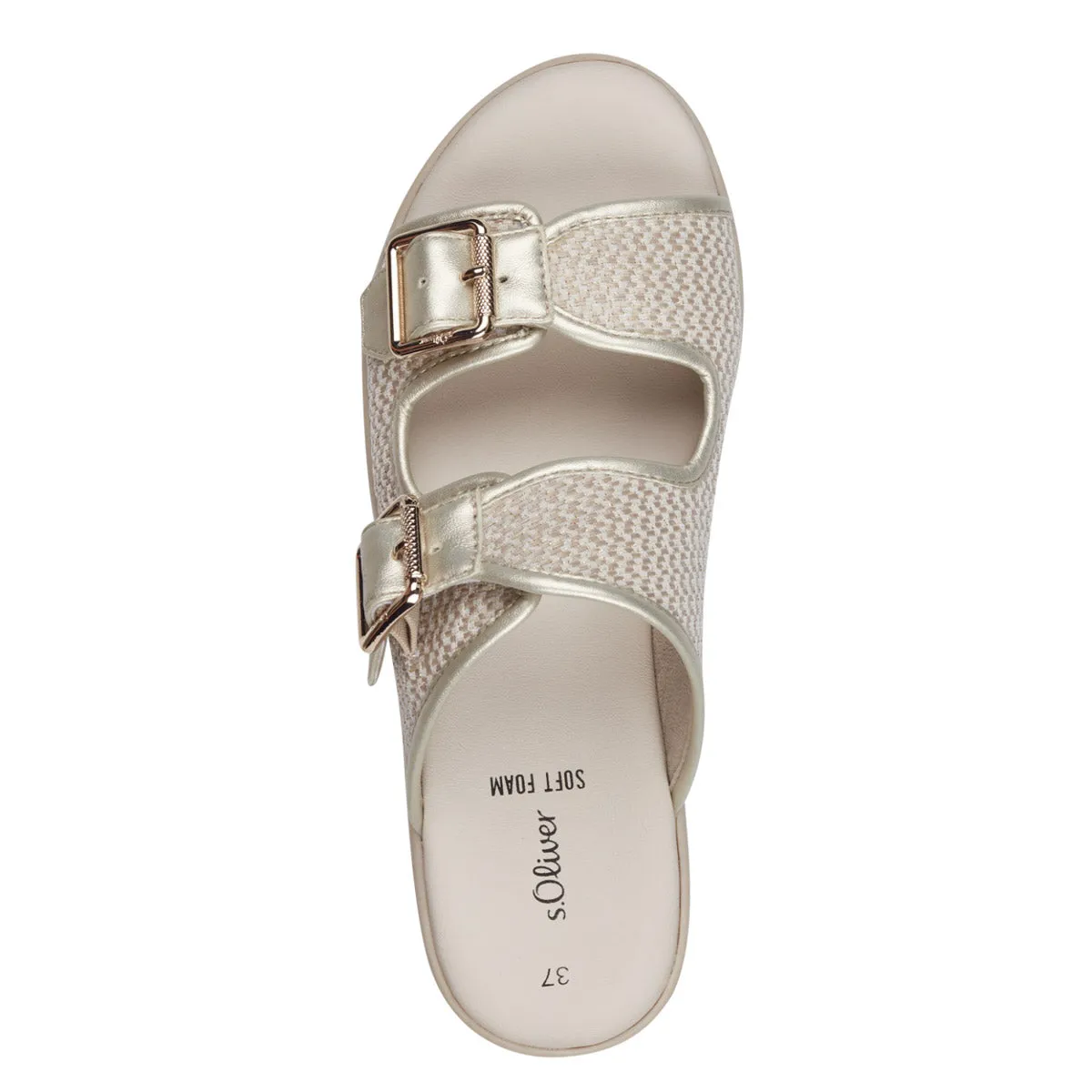 Beige and Gold Mule Sandals with Adjustable Straps and Soft Foam Insole