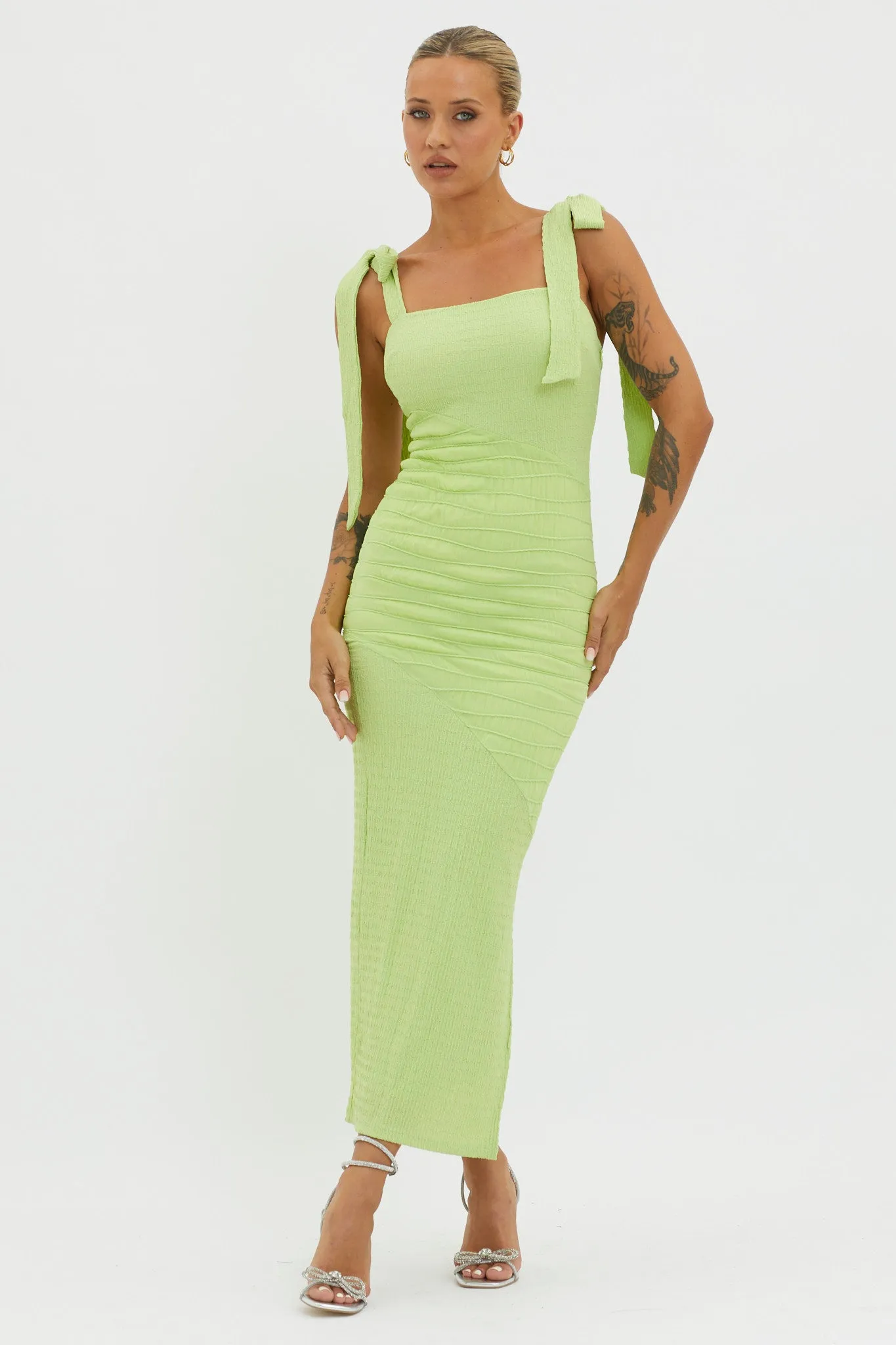 Bindi Puckered Tied Strap Dress Green