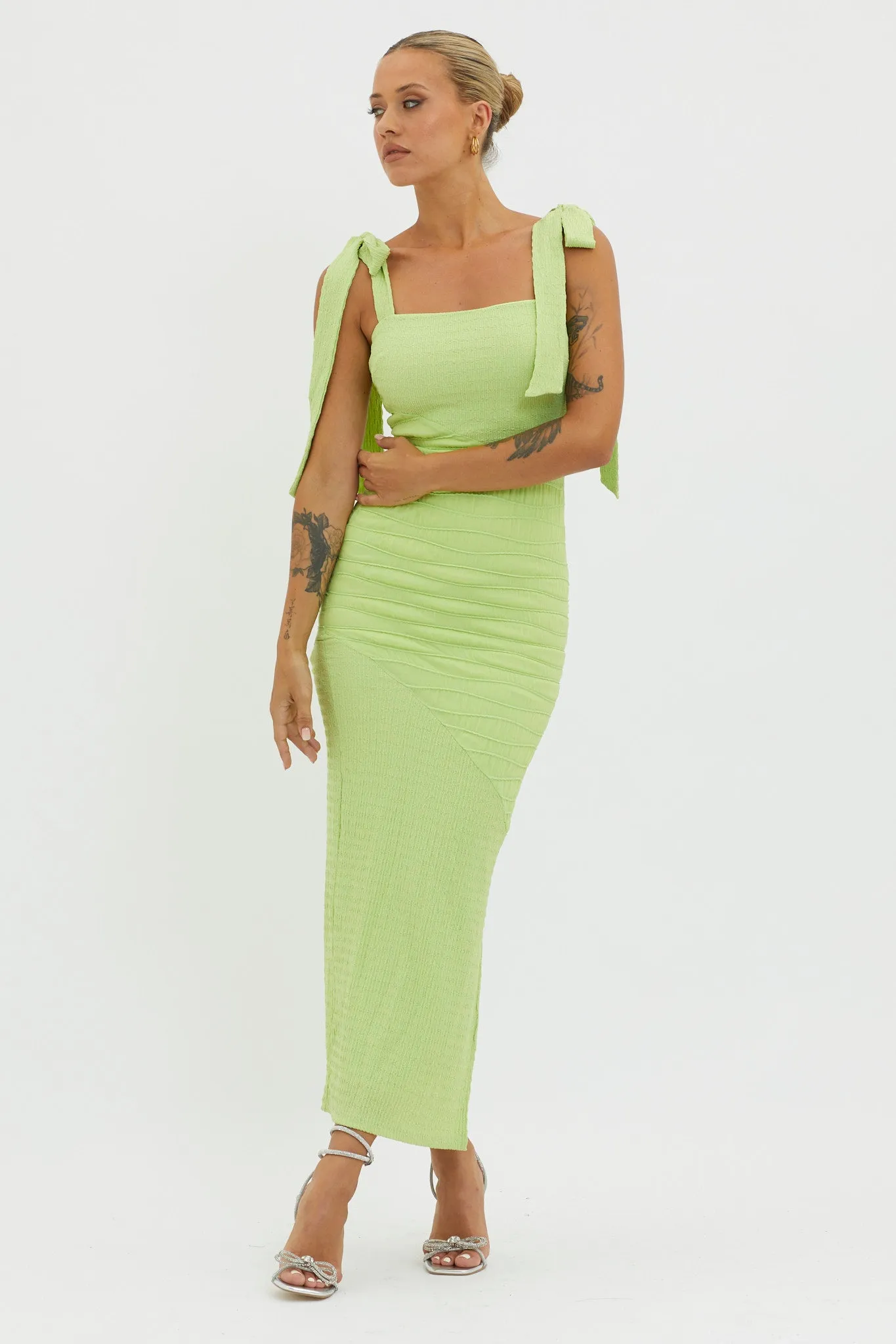 Bindi Puckered Tied Strap Dress Green