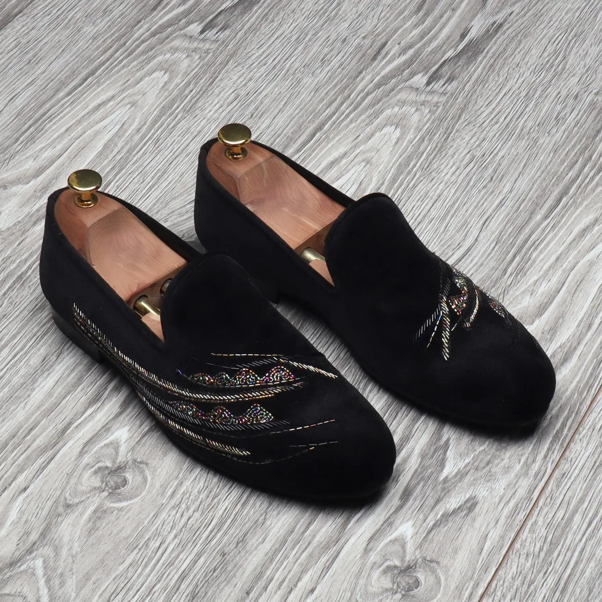 Black Velvet Slip-On Shoes with Multi-Color Abstract Embellishments