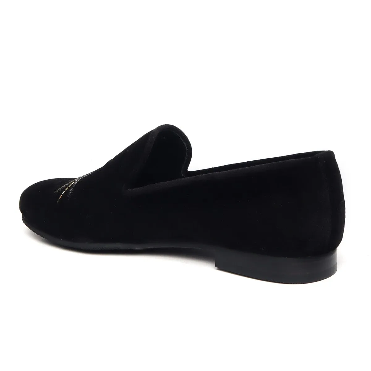 Black Velvet Slip-On Shoes with Multi-Color Abstract Embellishments