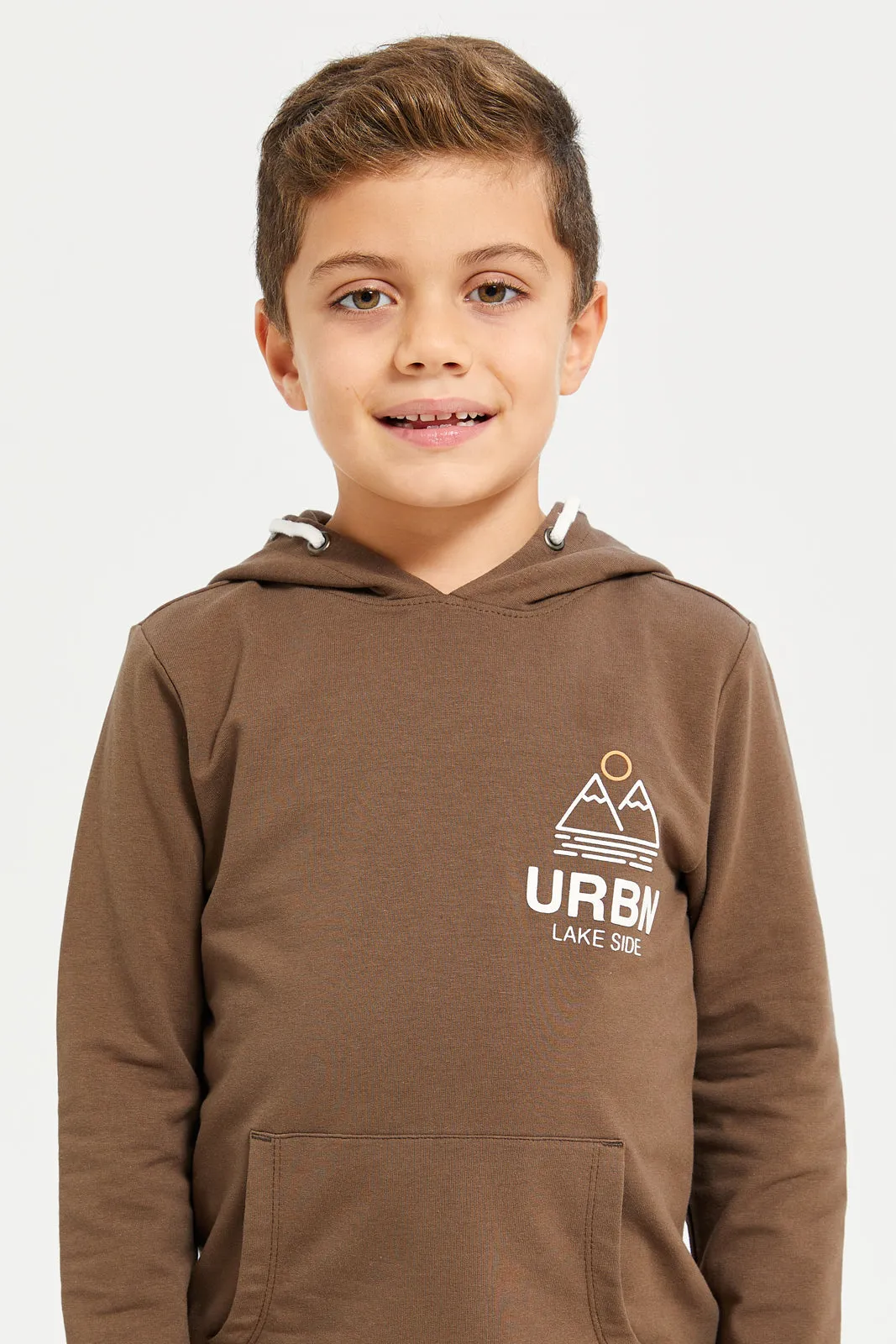 Boys Brown Printed Hooded Sweatshirt