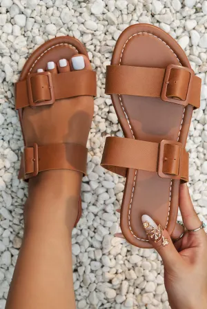 Brown Double Buckled Straps Slip On Flat Slippers