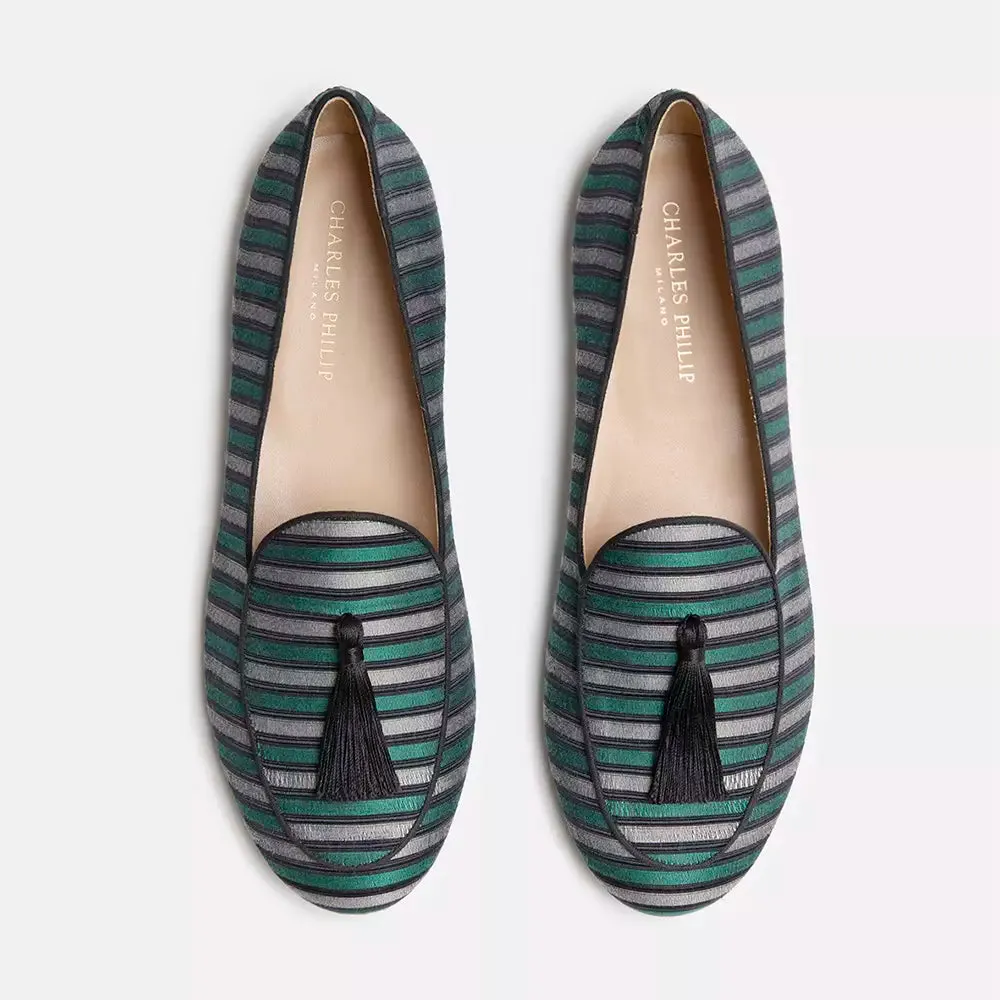 Charles Philip Elegant Striped Silk Loafers with Tassel