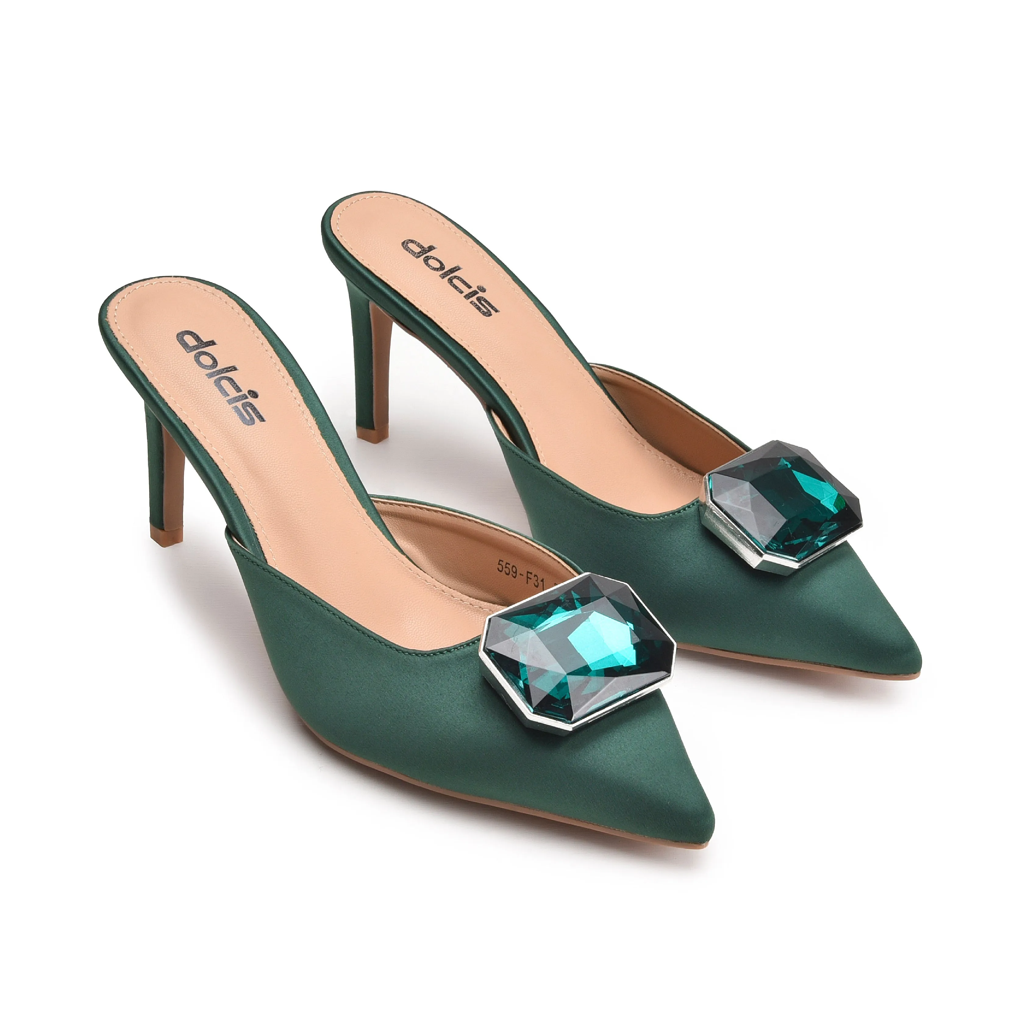 Chic Green Embellished Kitten Heel Mules | 427N-K