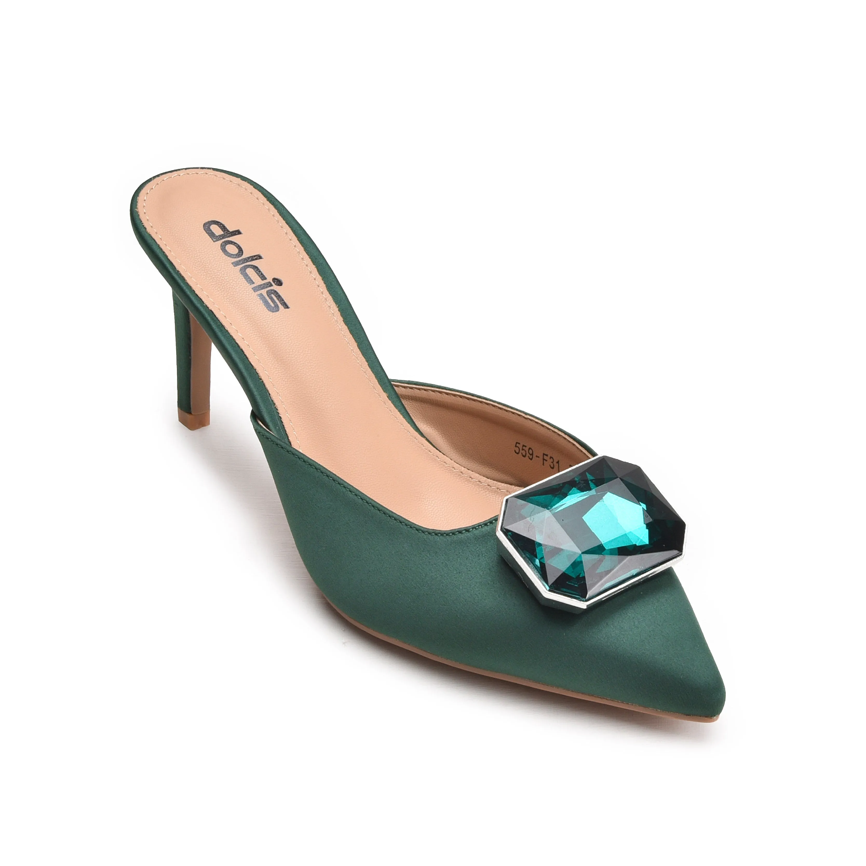 Chic Green Embellished Kitten Heel Mules | 427N-K