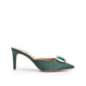 Chic Green Embellished Kitten Heel Mules | 427N-K