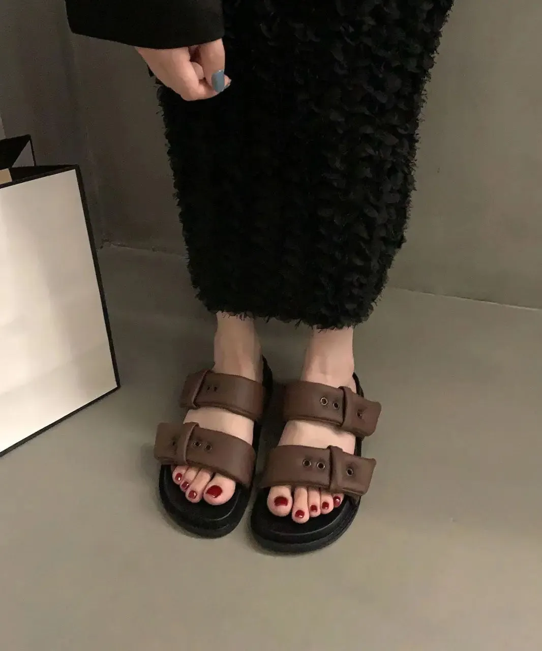 Coffee Slide Sandals Platform Comfortable Splicing Buckle Strap LY8319