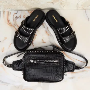 Combo of Black Deep Cut Leather Stud Detailing Slide-in Slippers and Cross-Body Bag