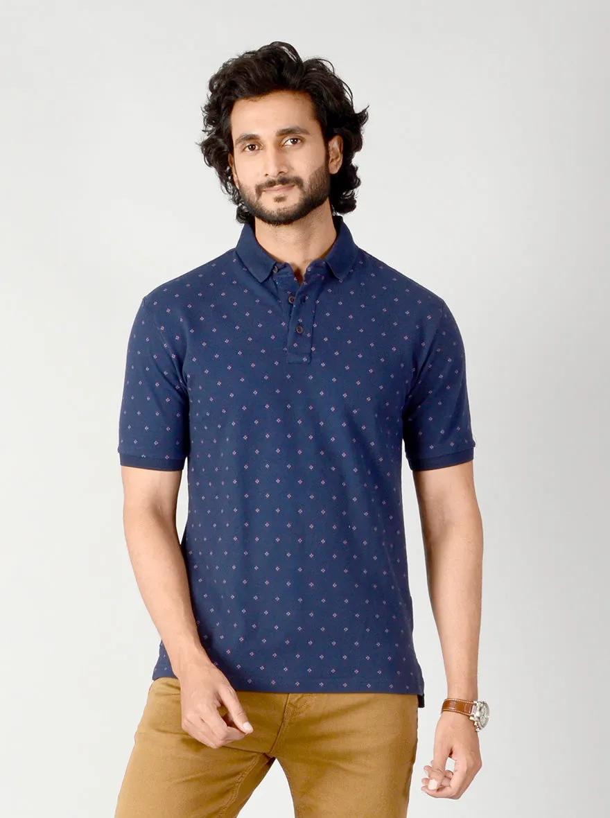 Dark Blue Dotted Slim Fit Polo T-shirt | JadeBlue