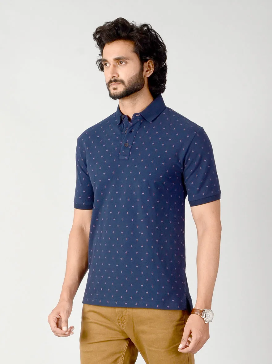 Dark Blue Dotted Slim Fit Polo T-shirt | JadeBlue