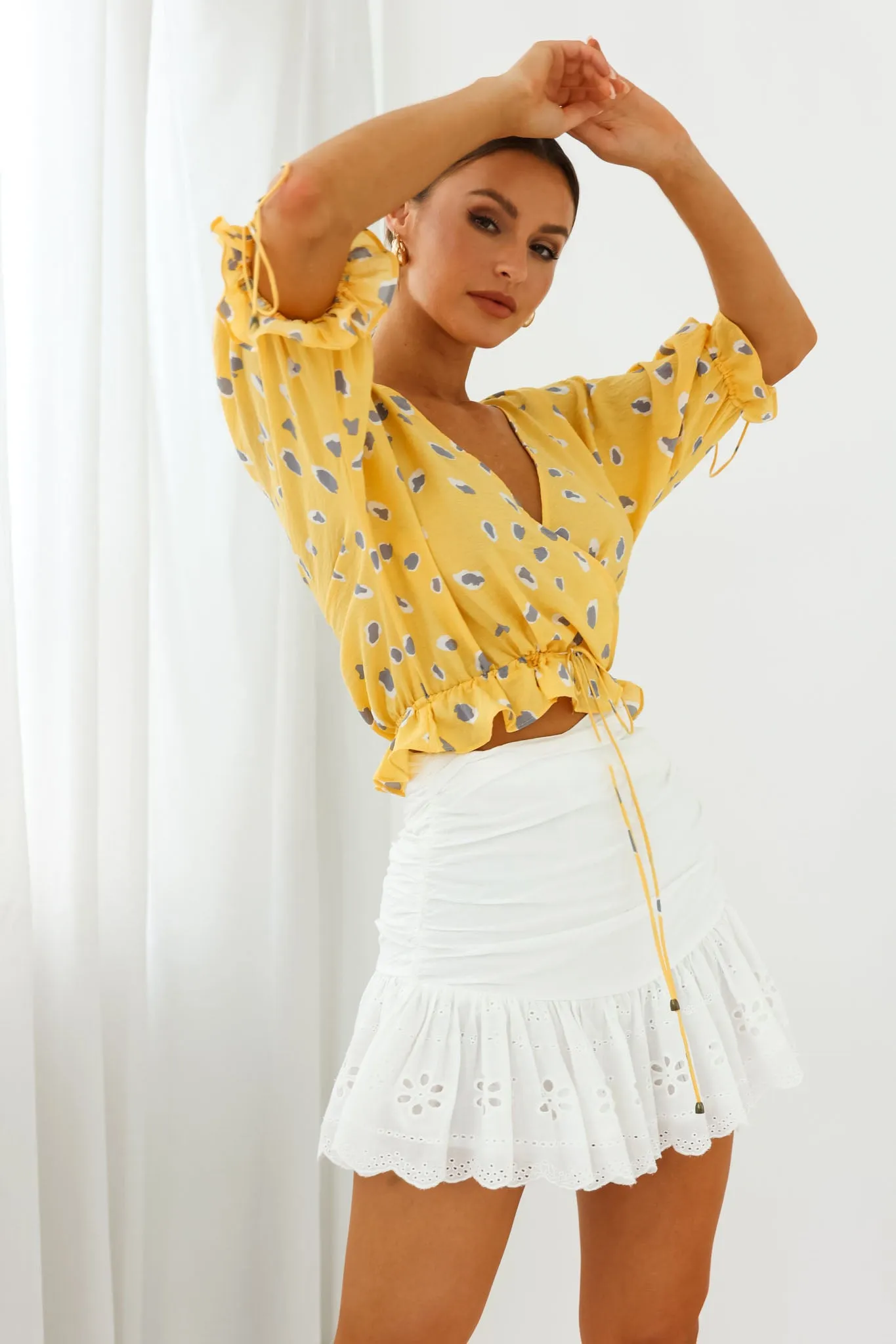 Distant Sun Drawstring Waist Crop Top Animal Print Yellow