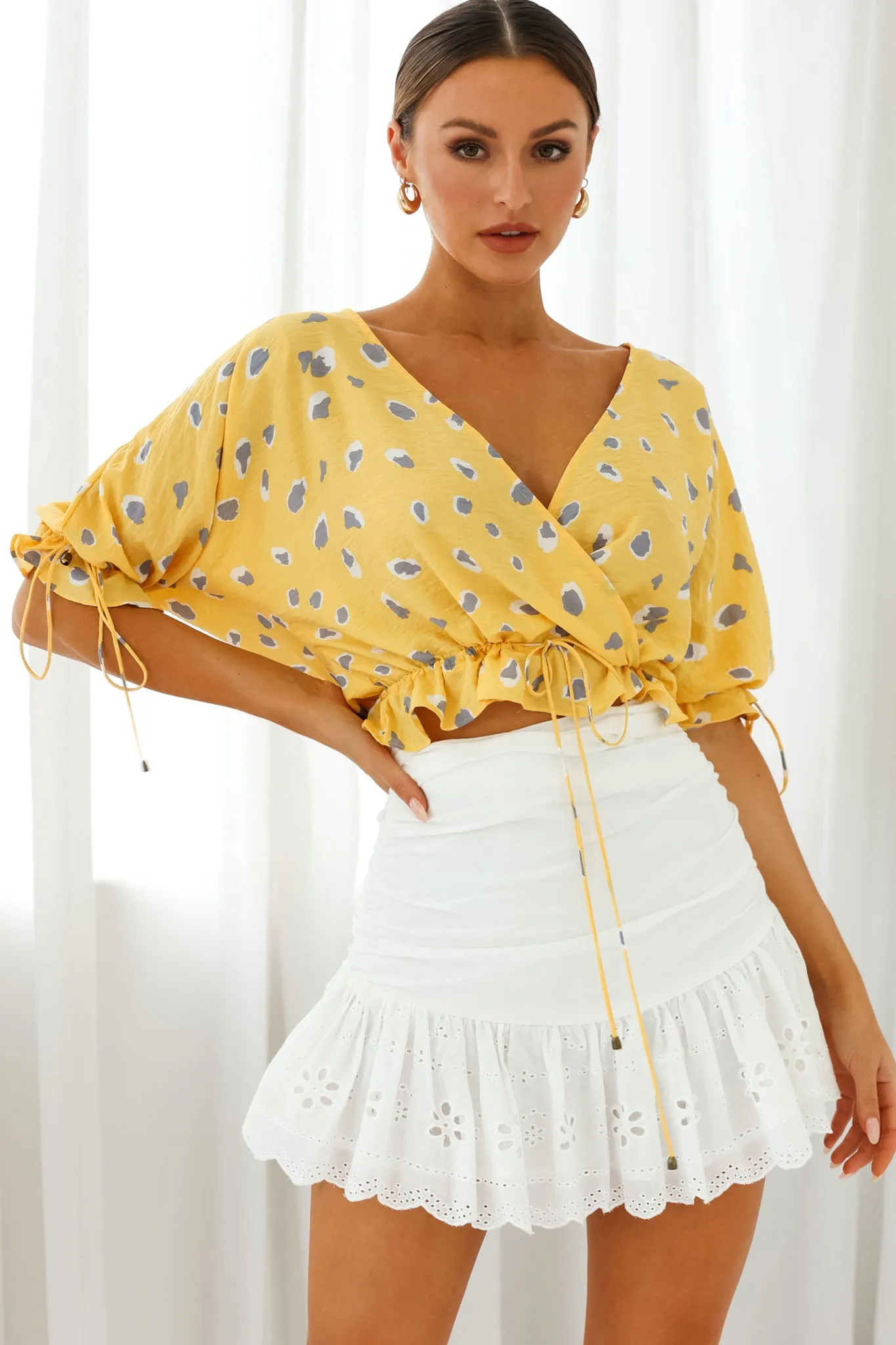 Distant Sun Drawstring Waist Crop Top Animal Print Yellow