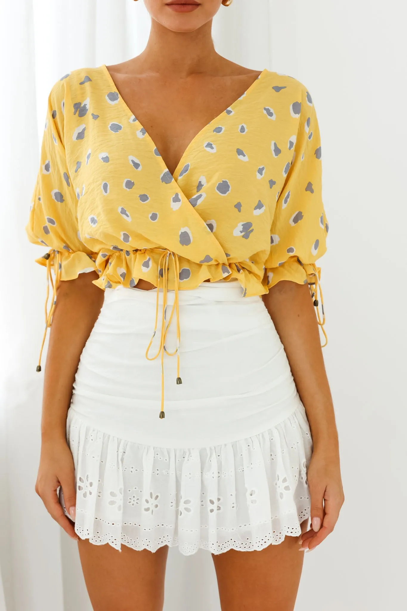 Distant Sun Drawstring Waist Crop Top Animal Print Yellow