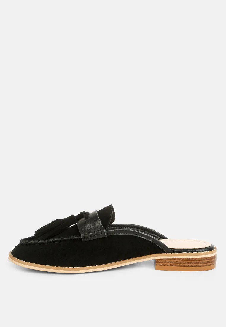 EDMANDA Tassle Detail Leather Mules in Black