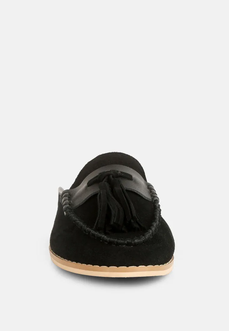 EDMANDA Tassle Detail Leather Mules in Black