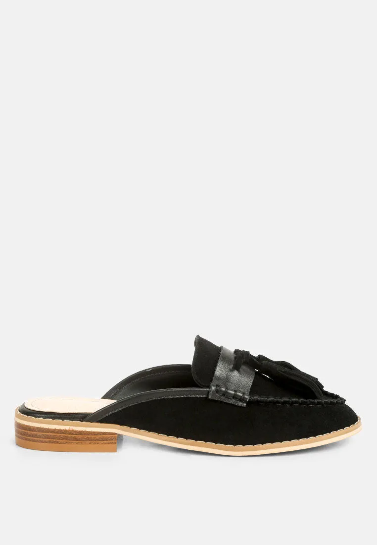 EDMANDA Tassle Detail Leather Mules in Black