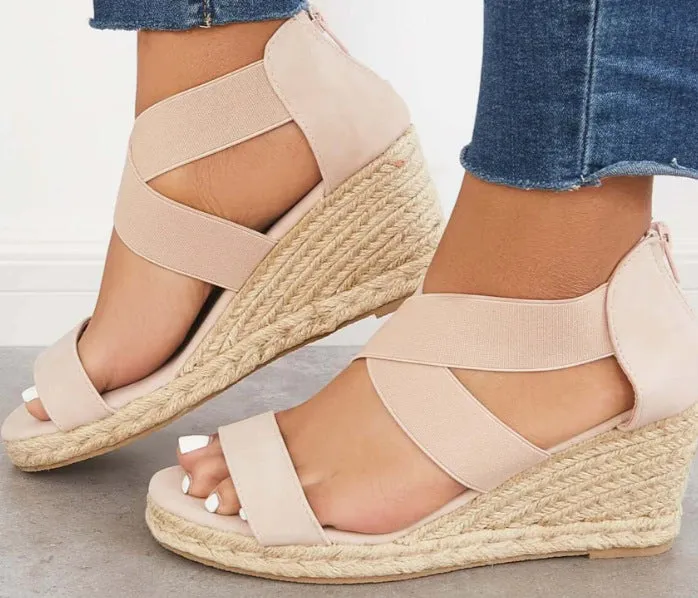 Elastic crisscross strap espadrille peep toe wedges