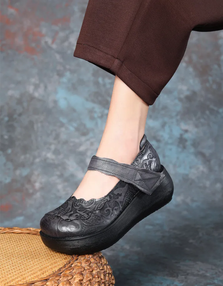 Embossed Comfortable Wide Toe Box Retro Wedges