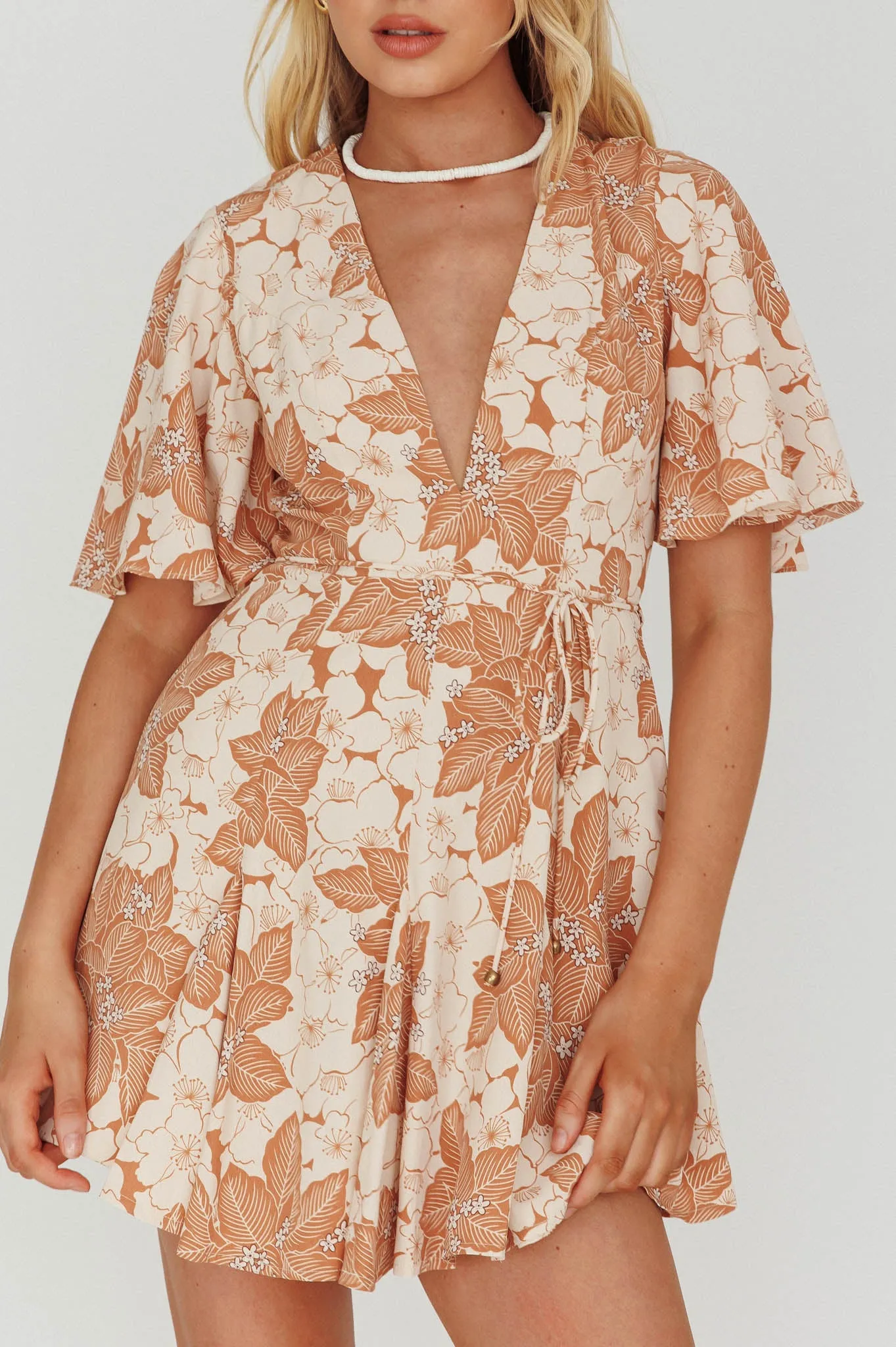 Estelle Angel Sleeve Dress Floral Brown