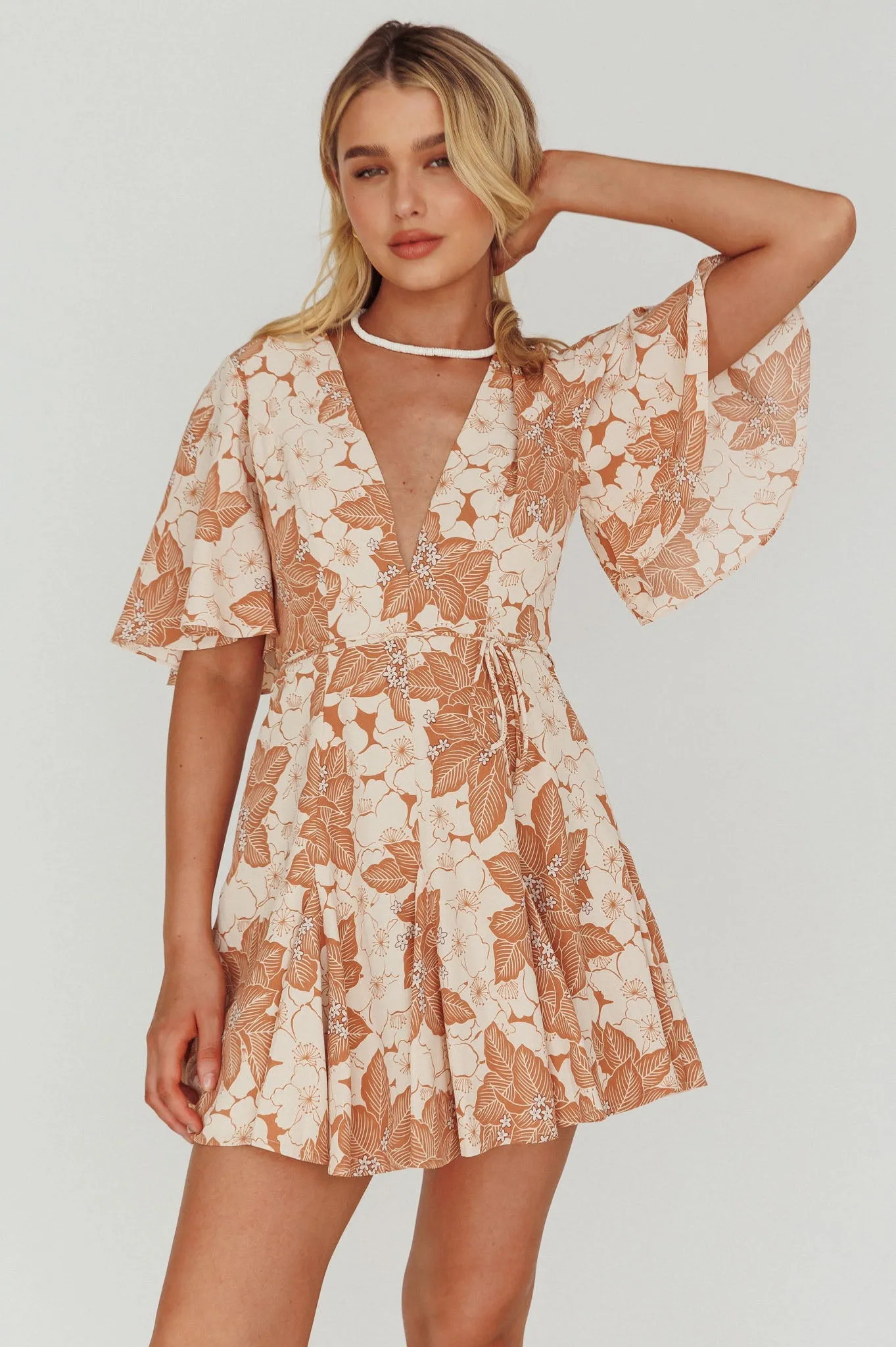 Estelle Angel Sleeve Dress Floral Brown