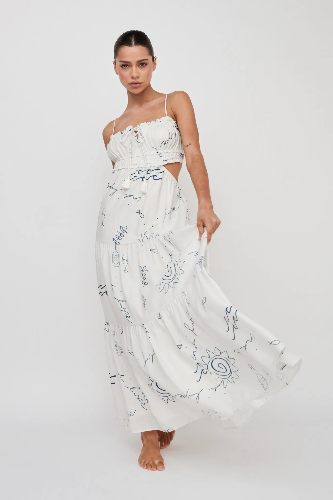 Eyona Cut-Out Back Tie Maxi Dress Print Cream Blue