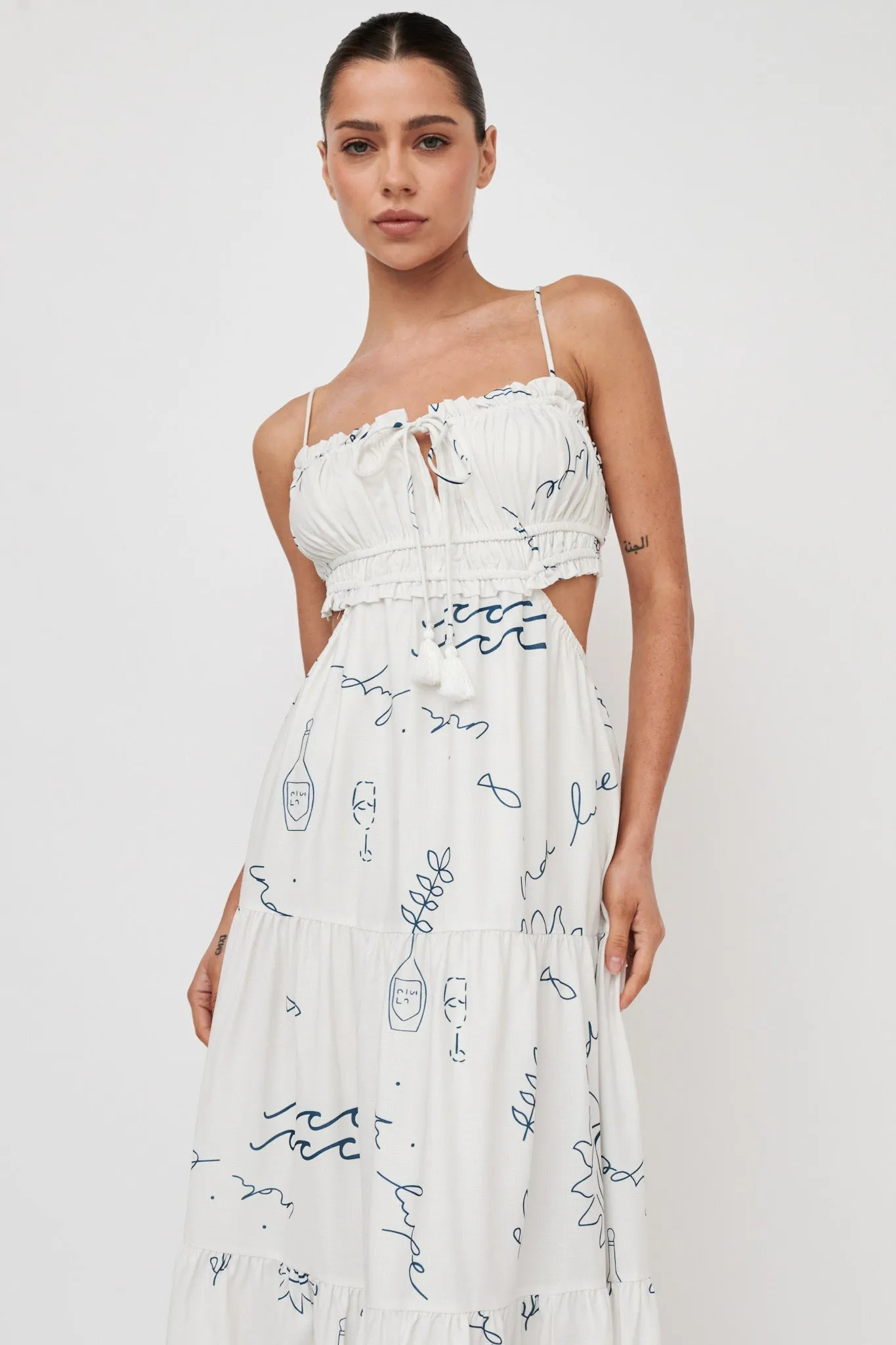 Eyona Cut-Out Back Tie Maxi Dress Print Cream Blue