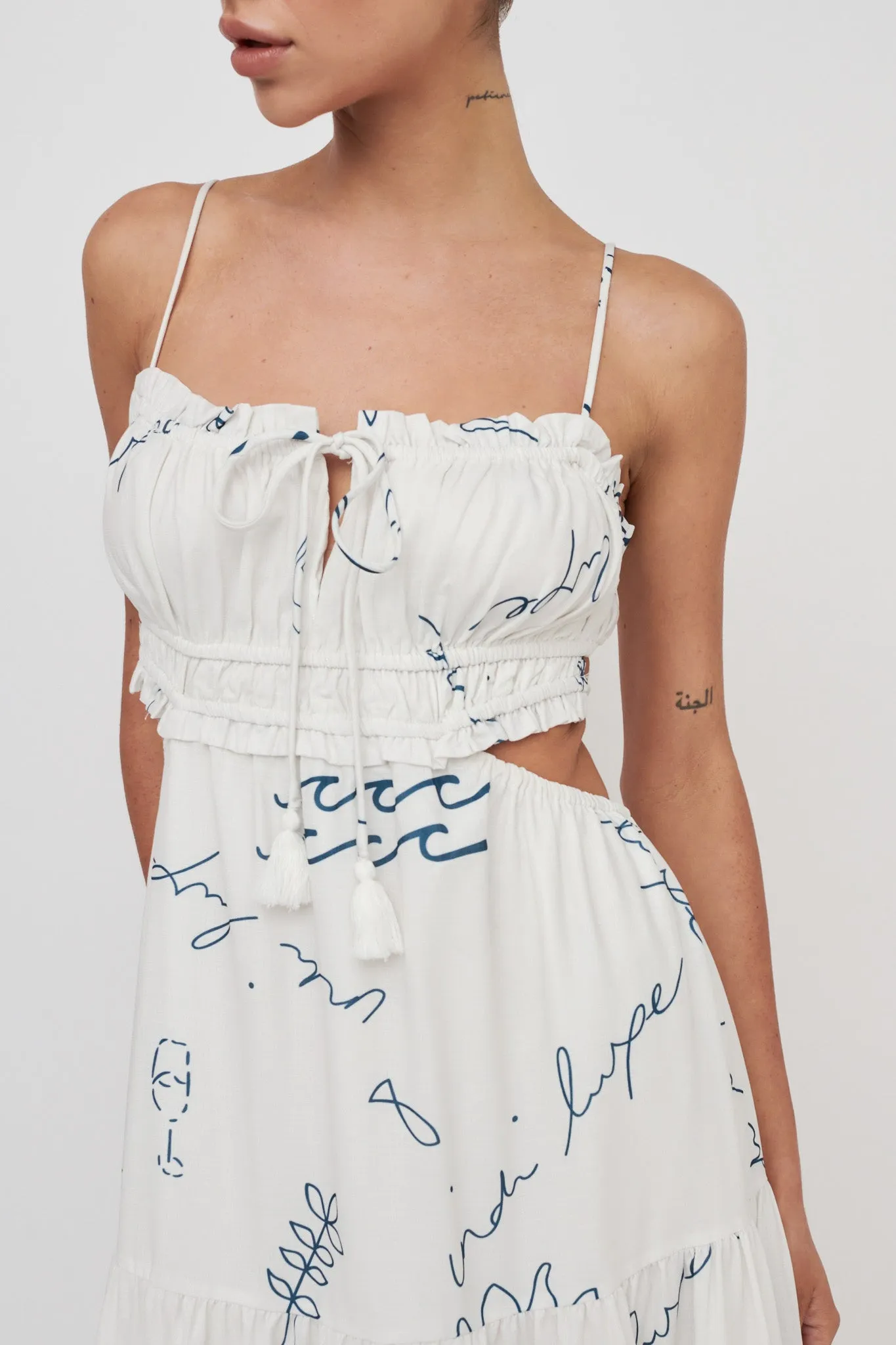 Eyona Cut-Out Back Tie Maxi Dress Print Cream Blue