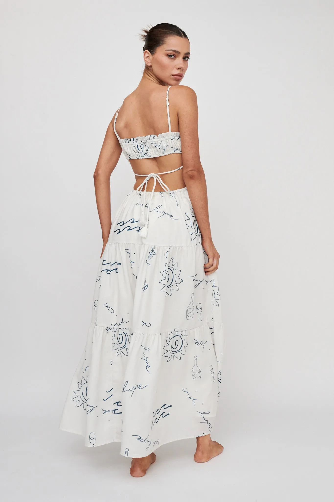 Eyona Cut-Out Back Tie Maxi Dress Print Cream Blue