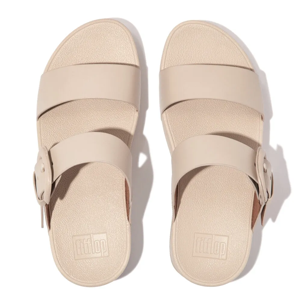 FitFlop Lulu Covered Buckle Raw Edge Leather Slide Stone Beige