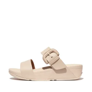 FitFlop Lulu Covered Buckle Raw Edge Leather Slide Stone Beige