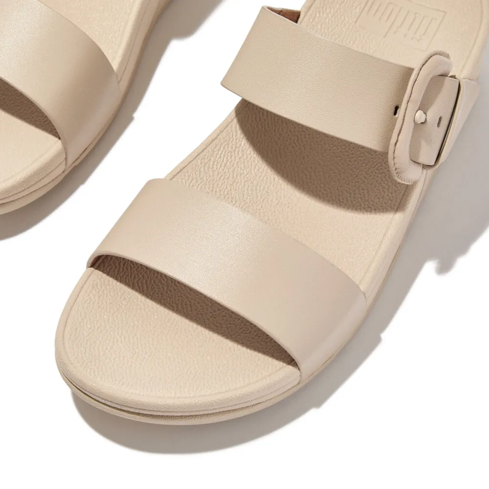 FitFlop Lulu Covered Buckle Raw Edge Leather Slide Stone Beige