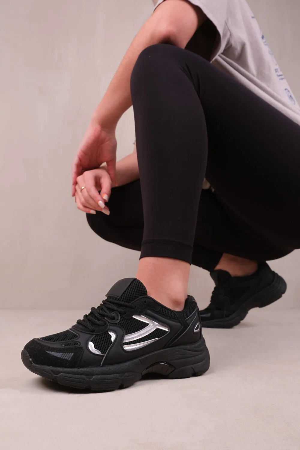 FLEX FASHION LACE UP TRAINERS WITH MESH DETAIL IN BLACK FAUX LEATHER