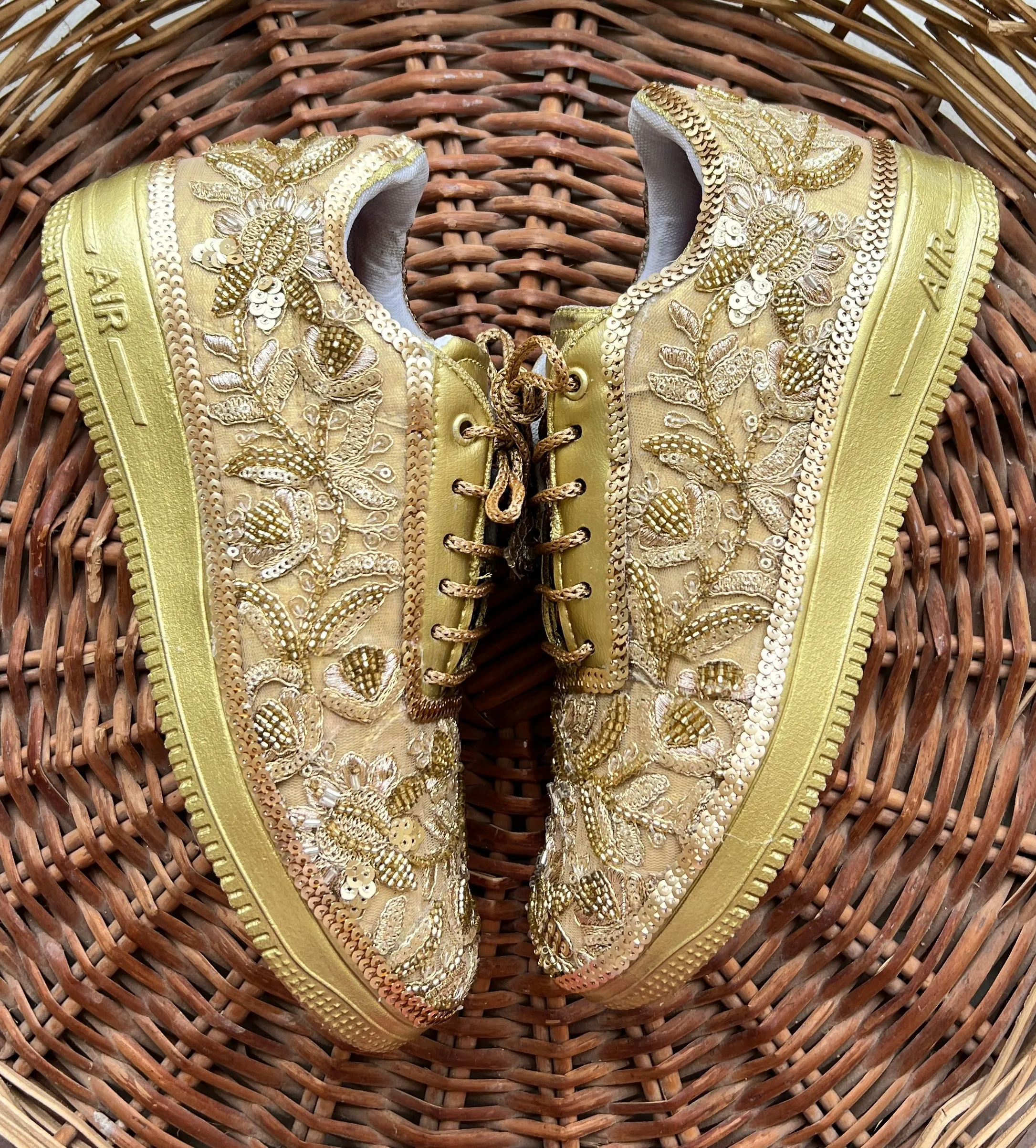 Funky N Trendy hand crafted golden bridal sneakers bridesmaid sneakers/ gold sneakers / golden sneakers / mirror sneakers/hand embroidered sneakers/ bride shoes / bridal sneakers /bridal shoes