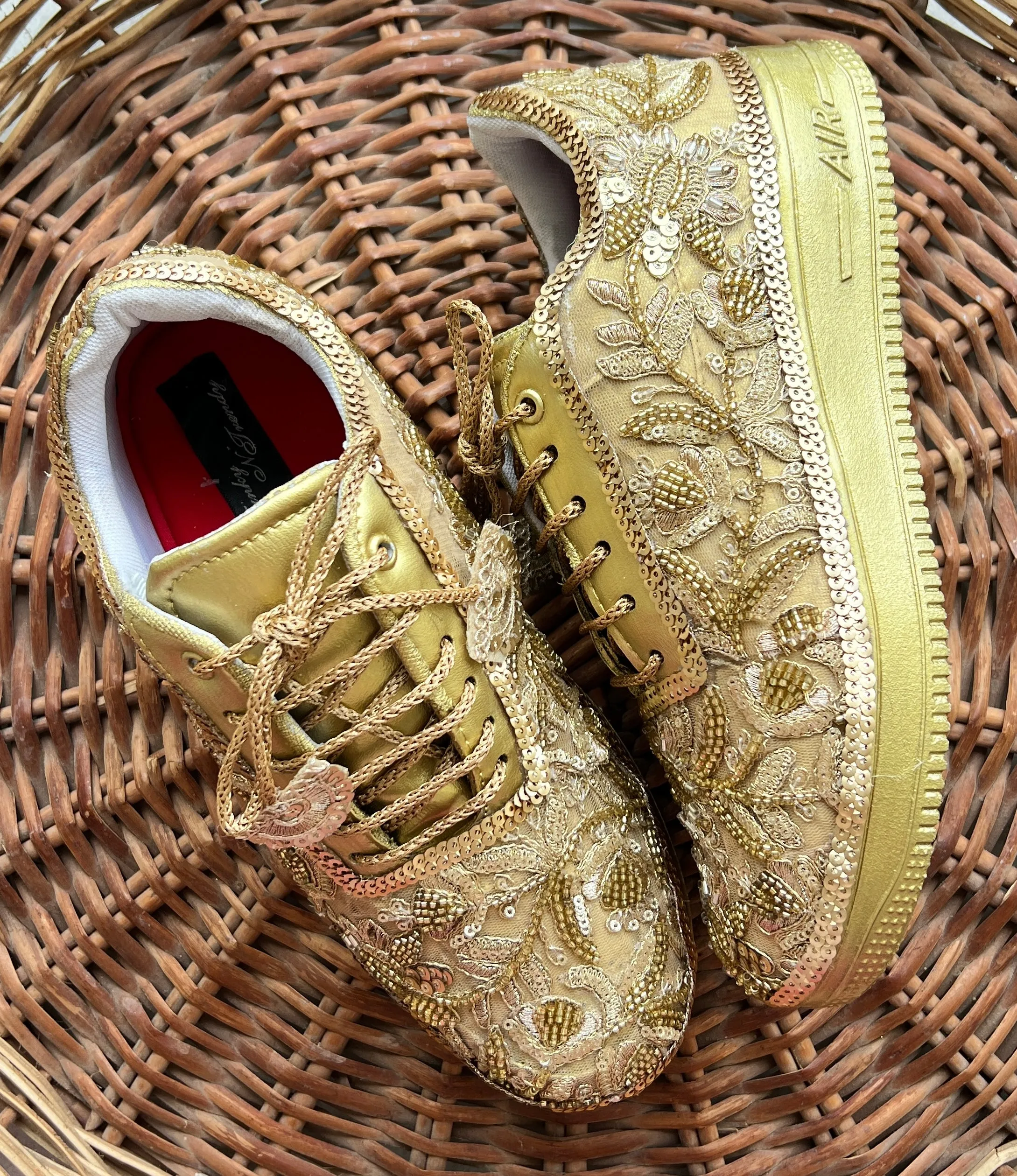 Funky N Trendy hand crafted golden bridal sneakers bridesmaid sneakers/ gold sneakers / golden sneakers / mirror sneakers/hand embroidered sneakers/ bride shoes / bridal sneakers /bridal shoes