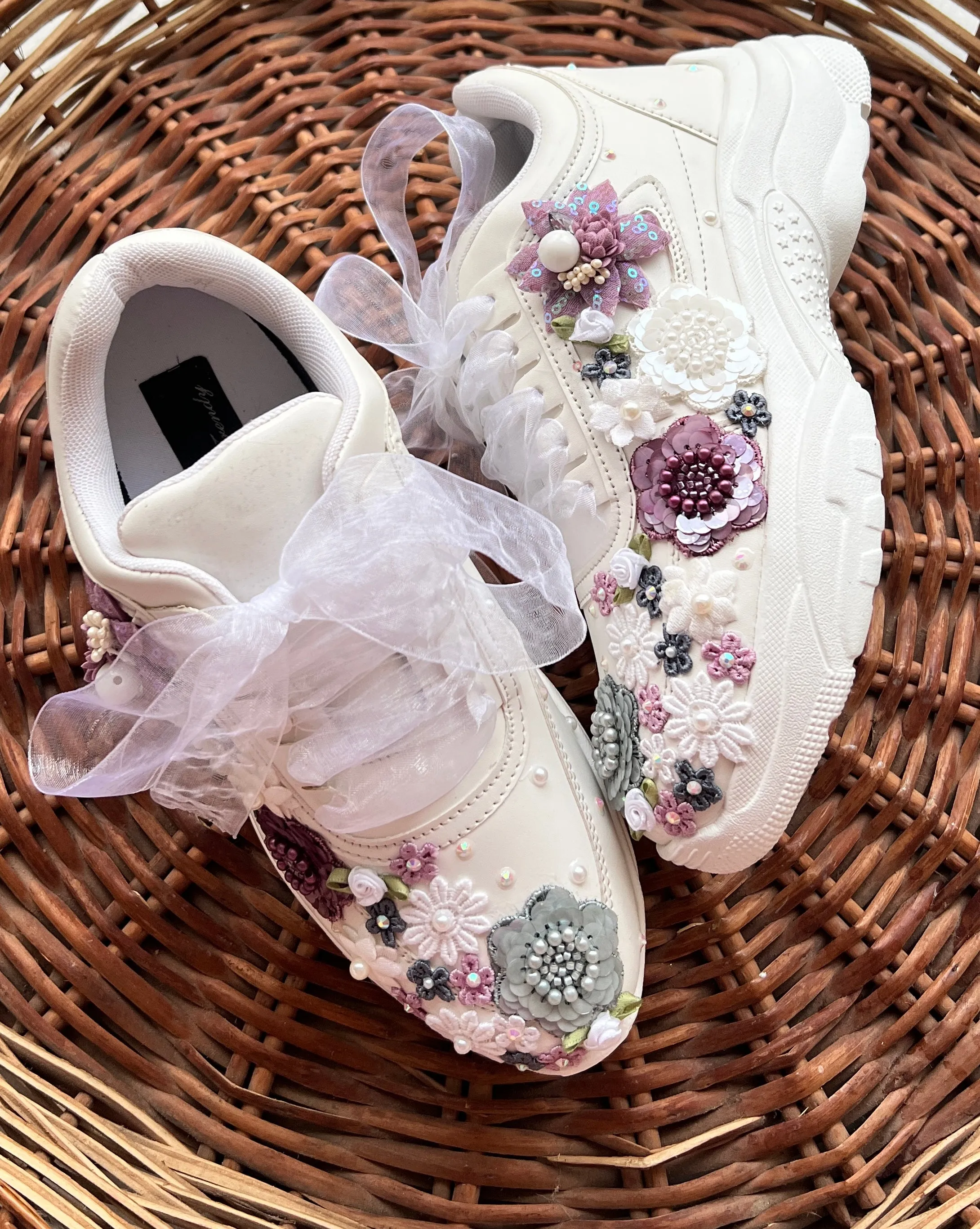 FUNKY N TRENDY hand embroidered floral work sneakers/ white sneakers /bridal shoes / bridal sneakers / floral sneakers/flower shoes /bridesmaid sneakers/ grey shoes / purple sneakers/ white sneakers