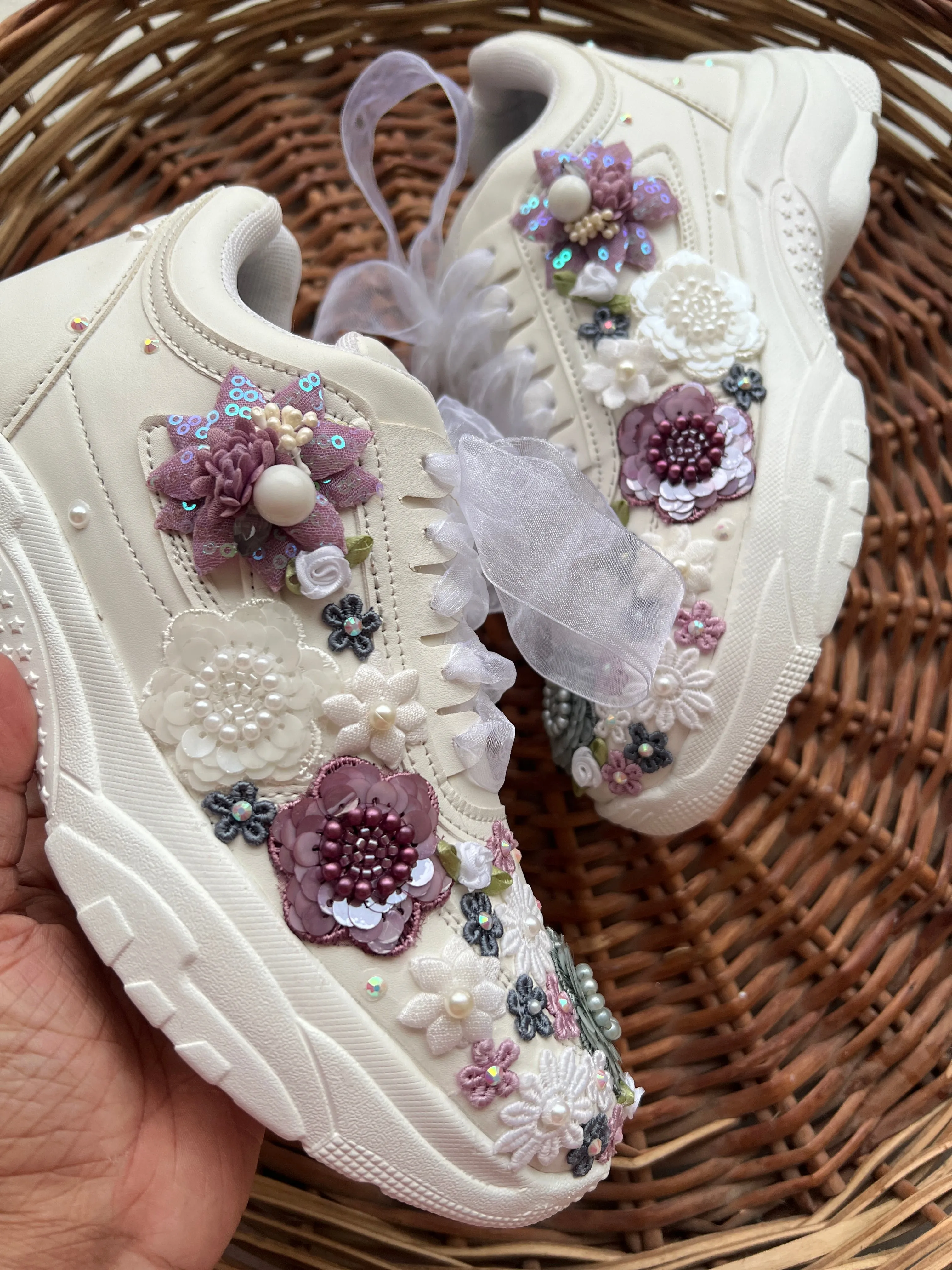 FUNKY N TRENDY hand embroidered floral work sneakers/ white sneakers /bridal shoes / bridal sneakers / floral sneakers/flower shoes /bridesmaid sneakers/ grey shoes / purple sneakers/ white sneakers