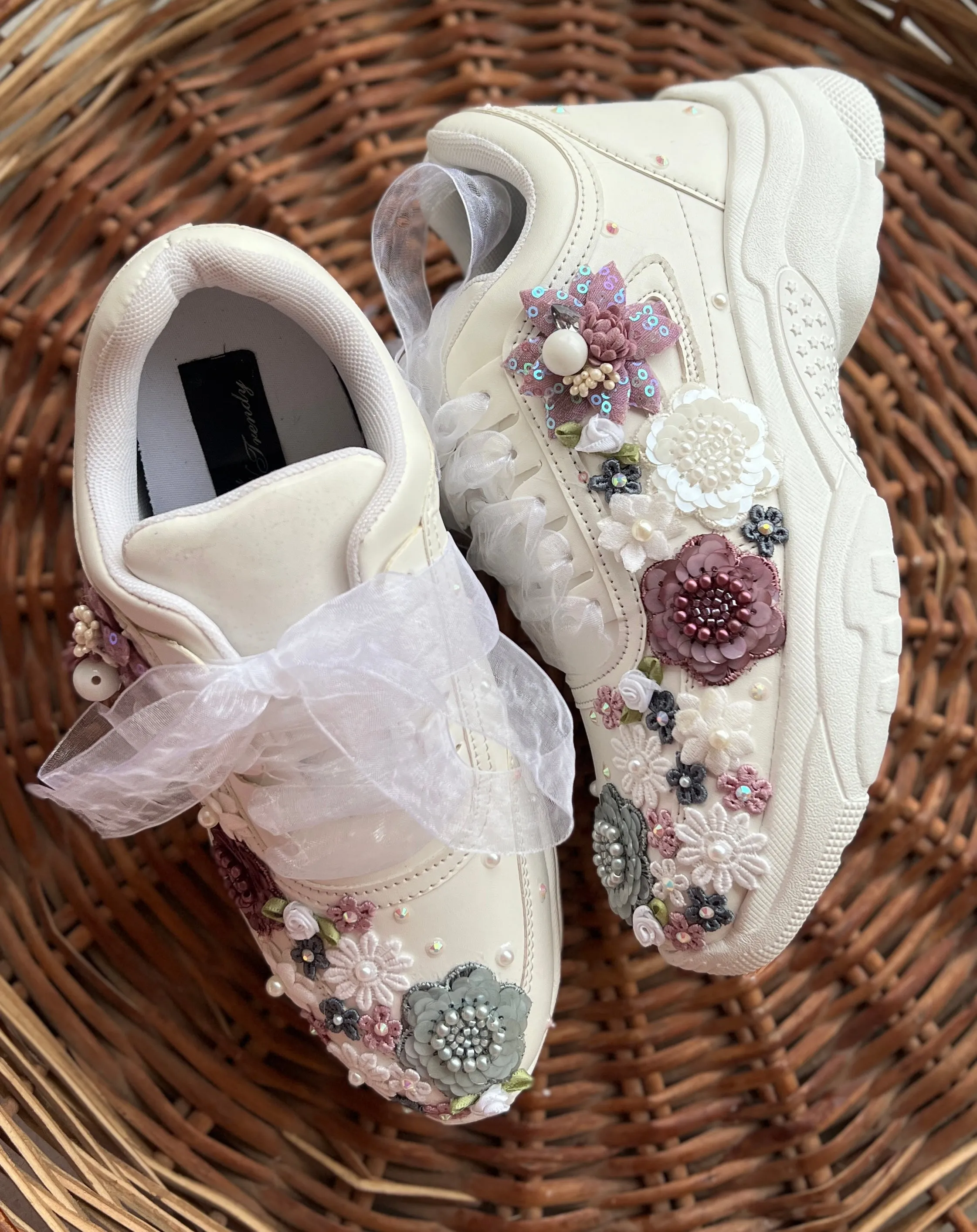 FUNKY N TRENDY hand embroidered floral work sneakers/ white sneakers /bridal shoes / bridal sneakers / floral sneakers/flower shoes /bridesmaid sneakers/ grey shoes / purple sneakers/ white sneakers