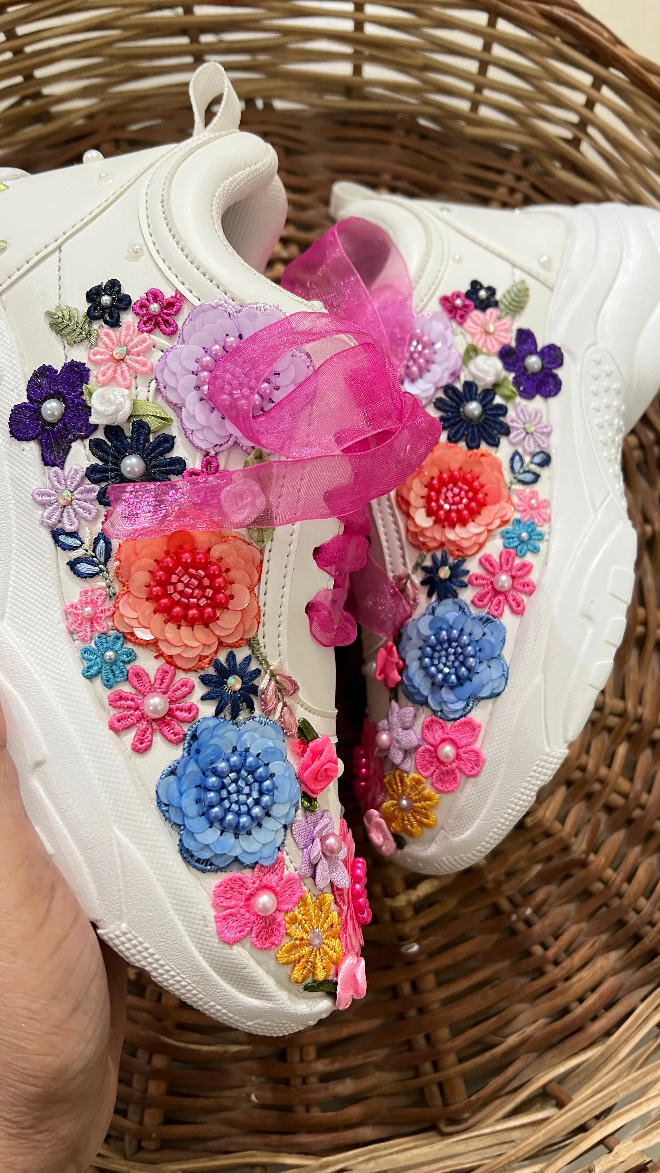 FUNKY N TRENDY hand embroidered floral work sneakers/ white sneakers /bridal shoes / bridal sneakers / floral sneakers/flower shoes /bridesmaid sneakers/ pink shoes / pink sneakers/ multi colored sneakers / hot pink sneakers