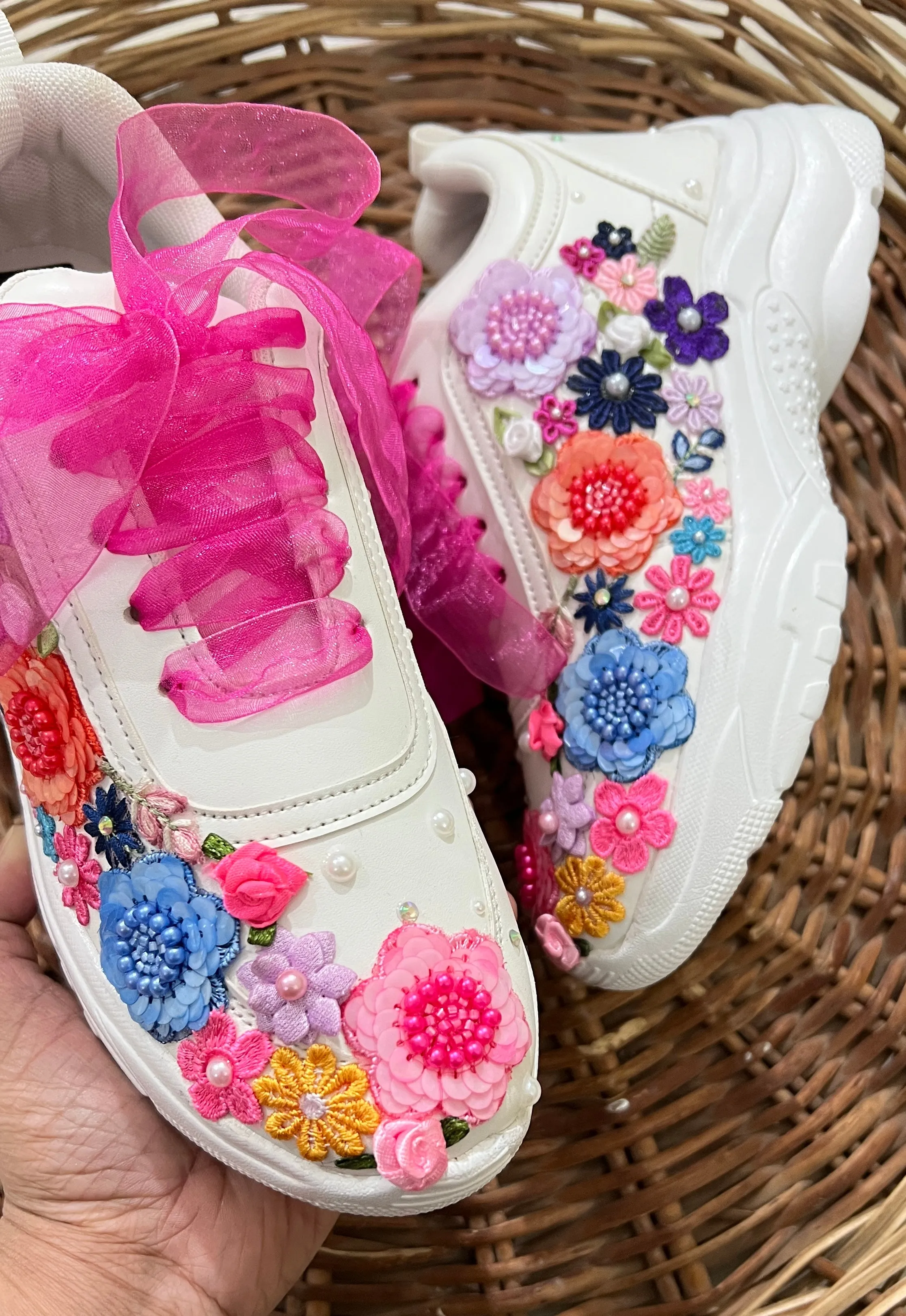 FUNKY N TRENDY hand embroidered floral work sneakers/ white sneakers /bridal shoes / bridal sneakers / floral sneakers/flower shoes /bridesmaid sneakers/ pink shoes / pink sneakers/ multi colored sneakers / hot pink sneakers