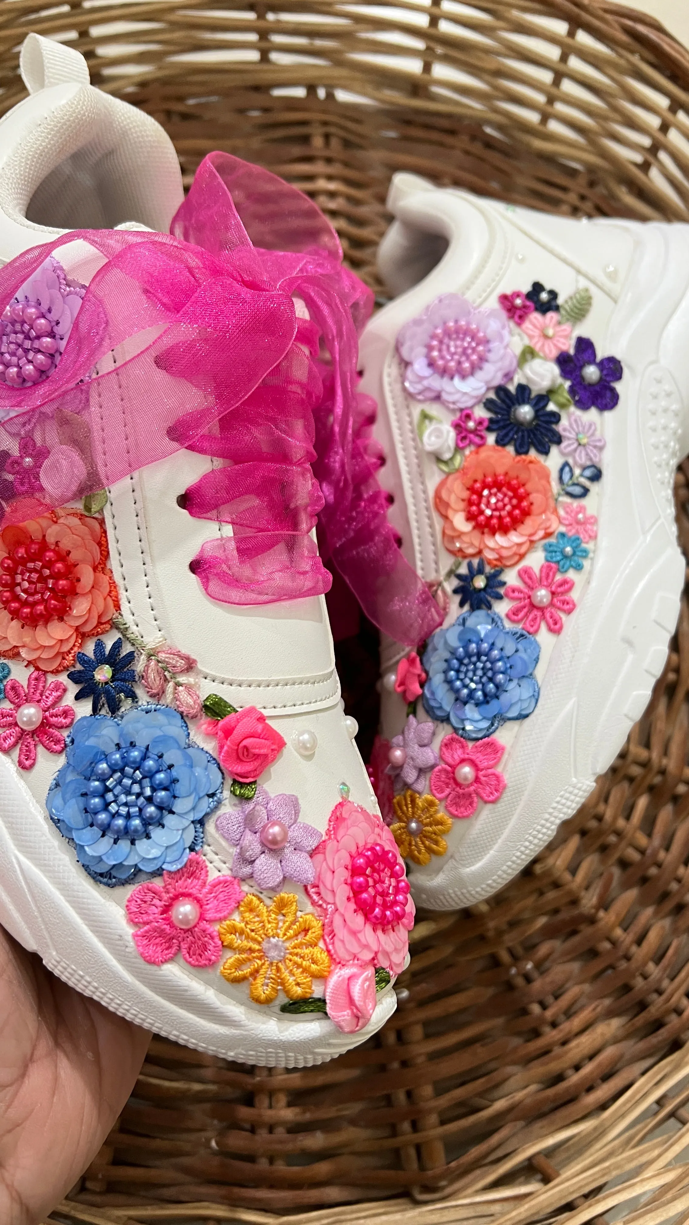 FUNKY N TRENDY hand embroidered floral work sneakers/ white sneakers /bridal shoes / bridal sneakers / floral sneakers/flower shoes /bridesmaid sneakers/ pink shoes / pink sneakers/ multi colored sneakers / hot pink sneakers