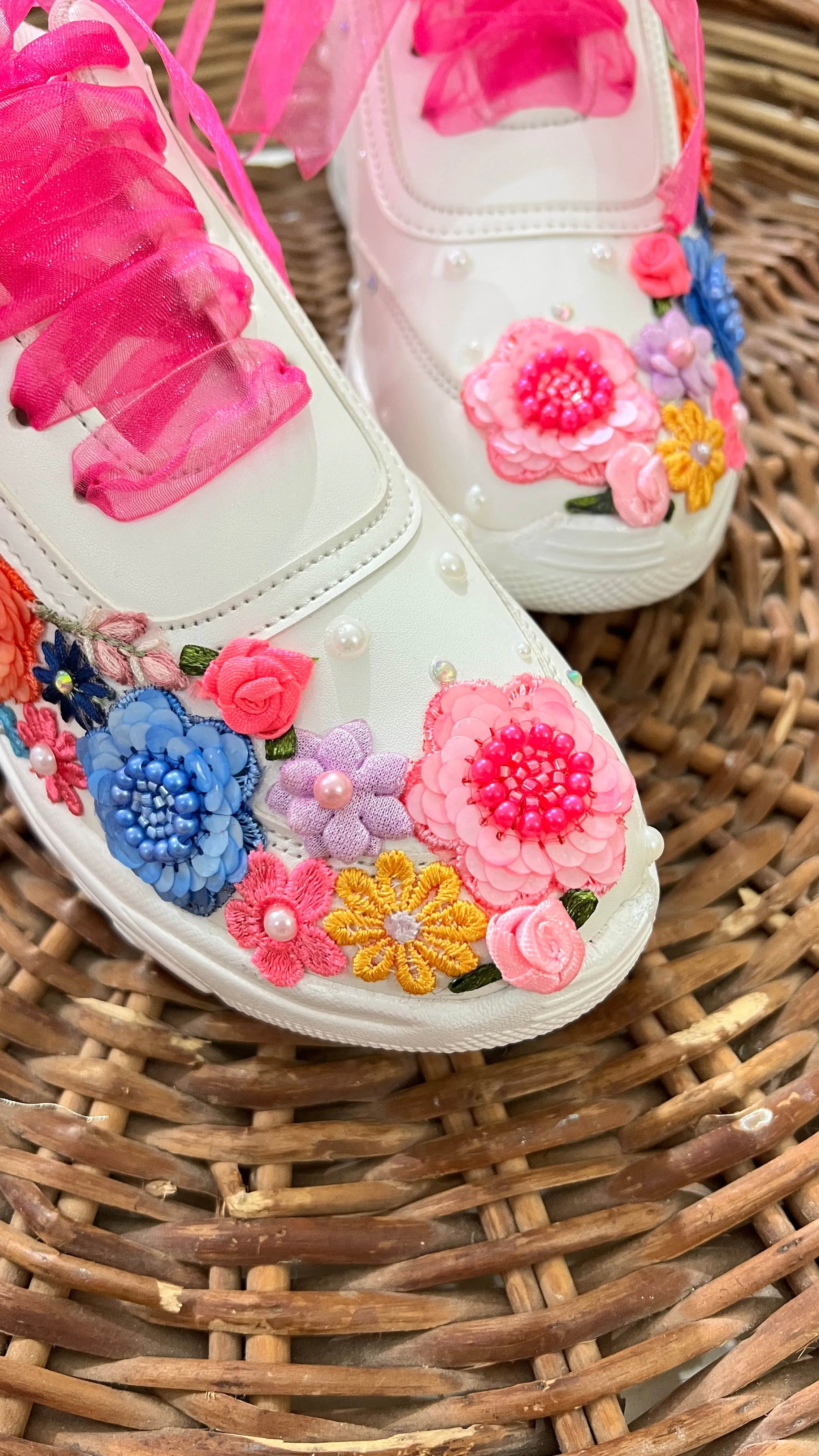 FUNKY N TRENDY hand embroidered floral work sneakers/ white sneakers /bridal shoes / bridal sneakers / floral sneakers/flower shoes /bridesmaid sneakers/ pink shoes / pink sneakers/ multi colored sneakers / hot pink sneakers