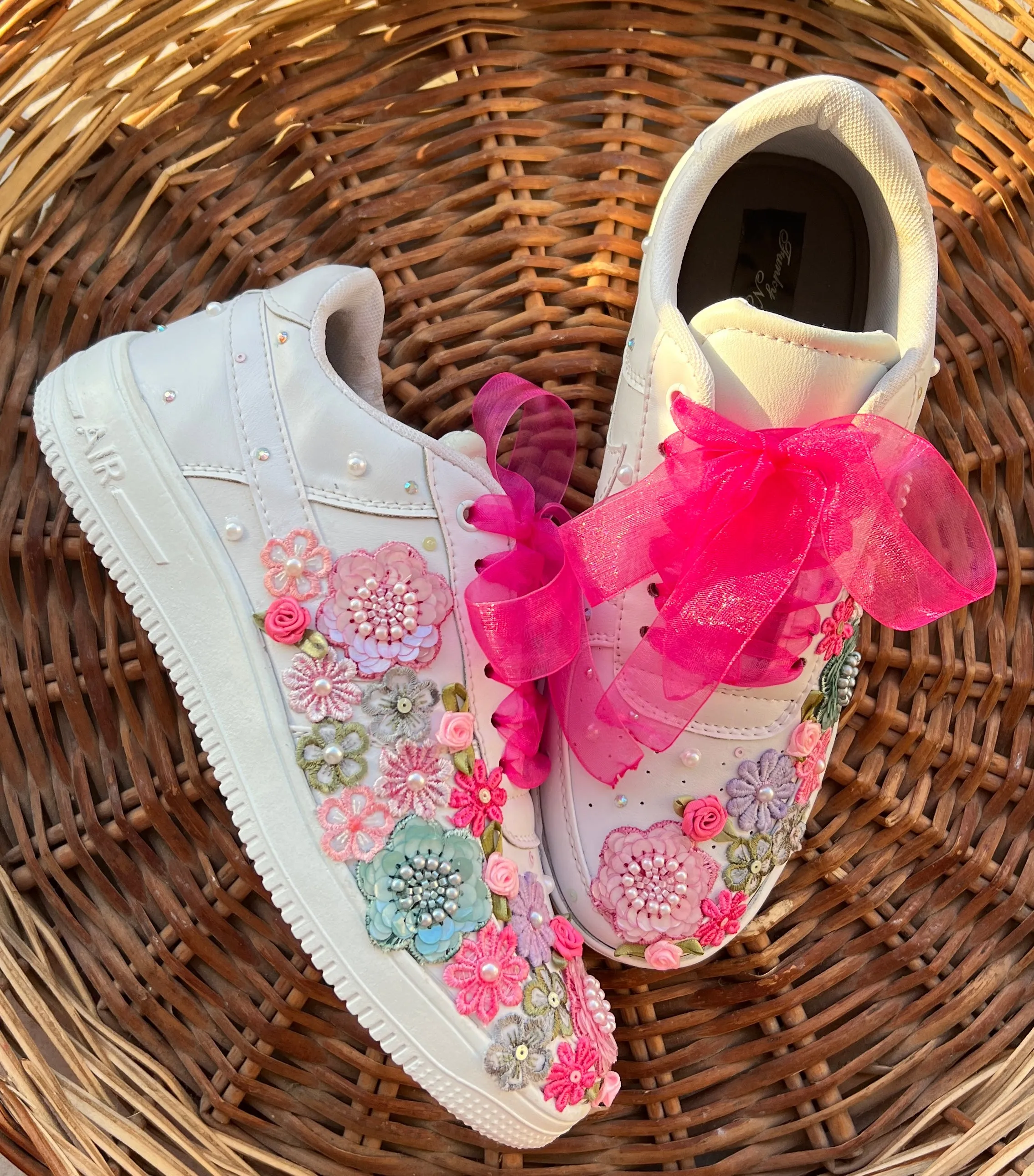 FUNKY N TRENDY hand embroidered floral work sneakers/ white sneakers /bridal shoes / bridal sneakers / floral sneakers/flower shoes /bridesmaid sneakers/ pink shoes / pink sneakers