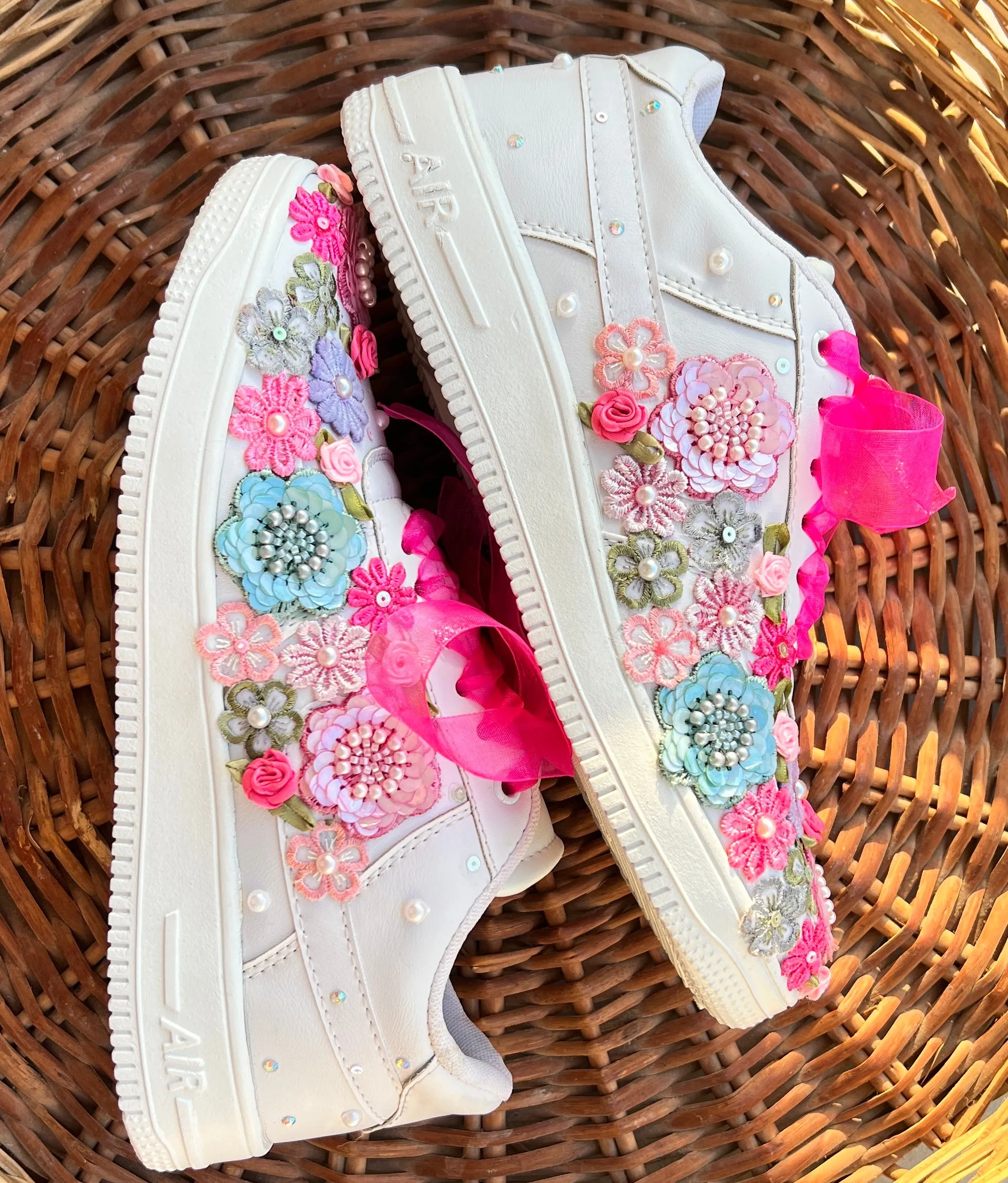 FUNKY N TRENDY hand embroidered floral work sneakers/ white sneakers /bridal shoes / bridal sneakers / floral sneakers/flower shoes /bridesmaid sneakers/ pink shoes / pink sneakers